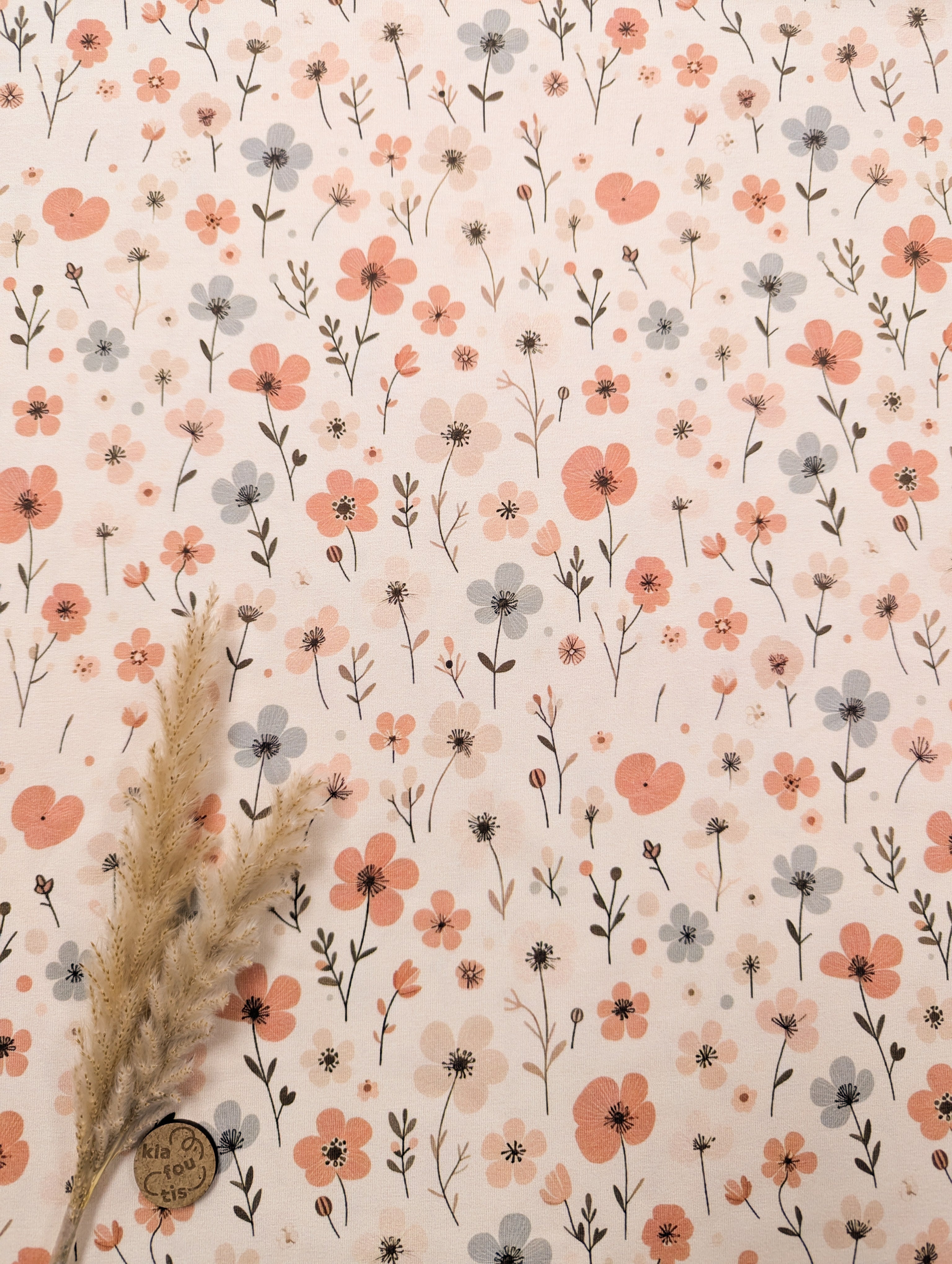 Jersey de coton beige rosé poudré - jolie floraison d