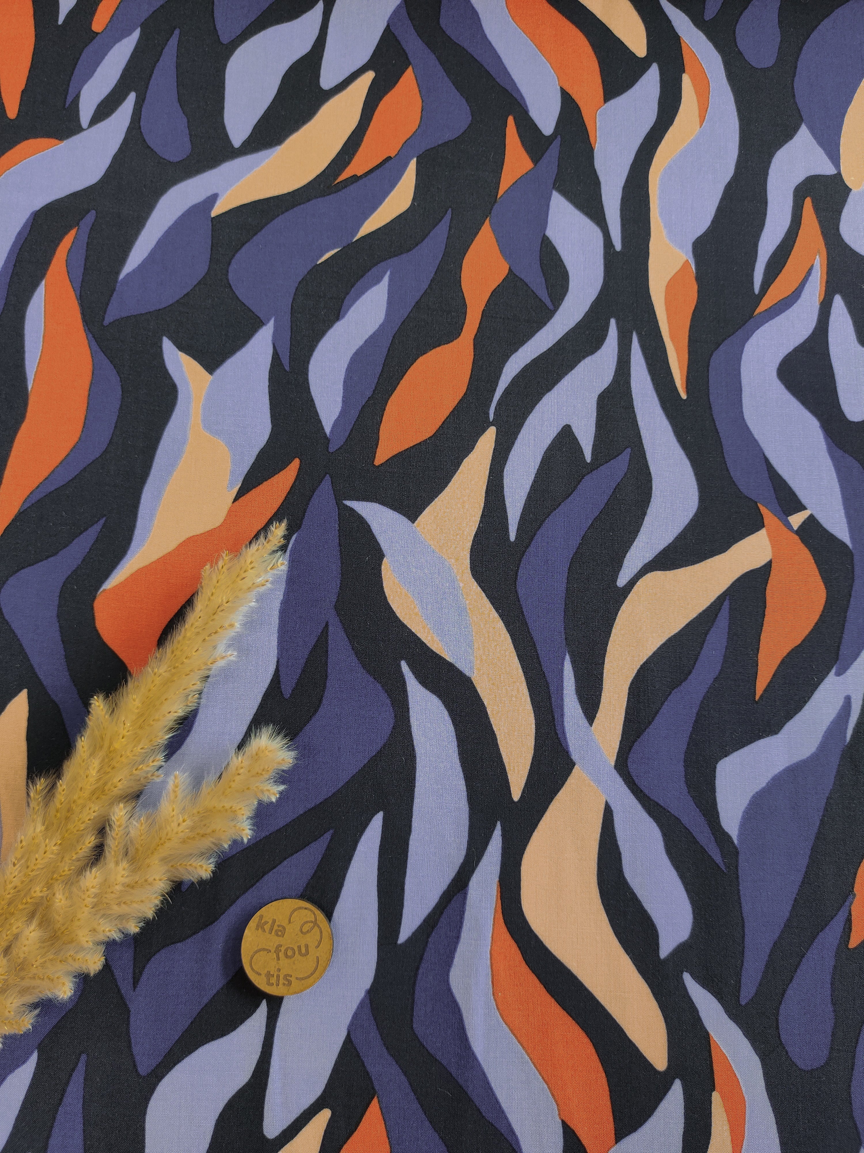 Popeline de viscose EcoVero - Vagues Sauvages bleues et orange