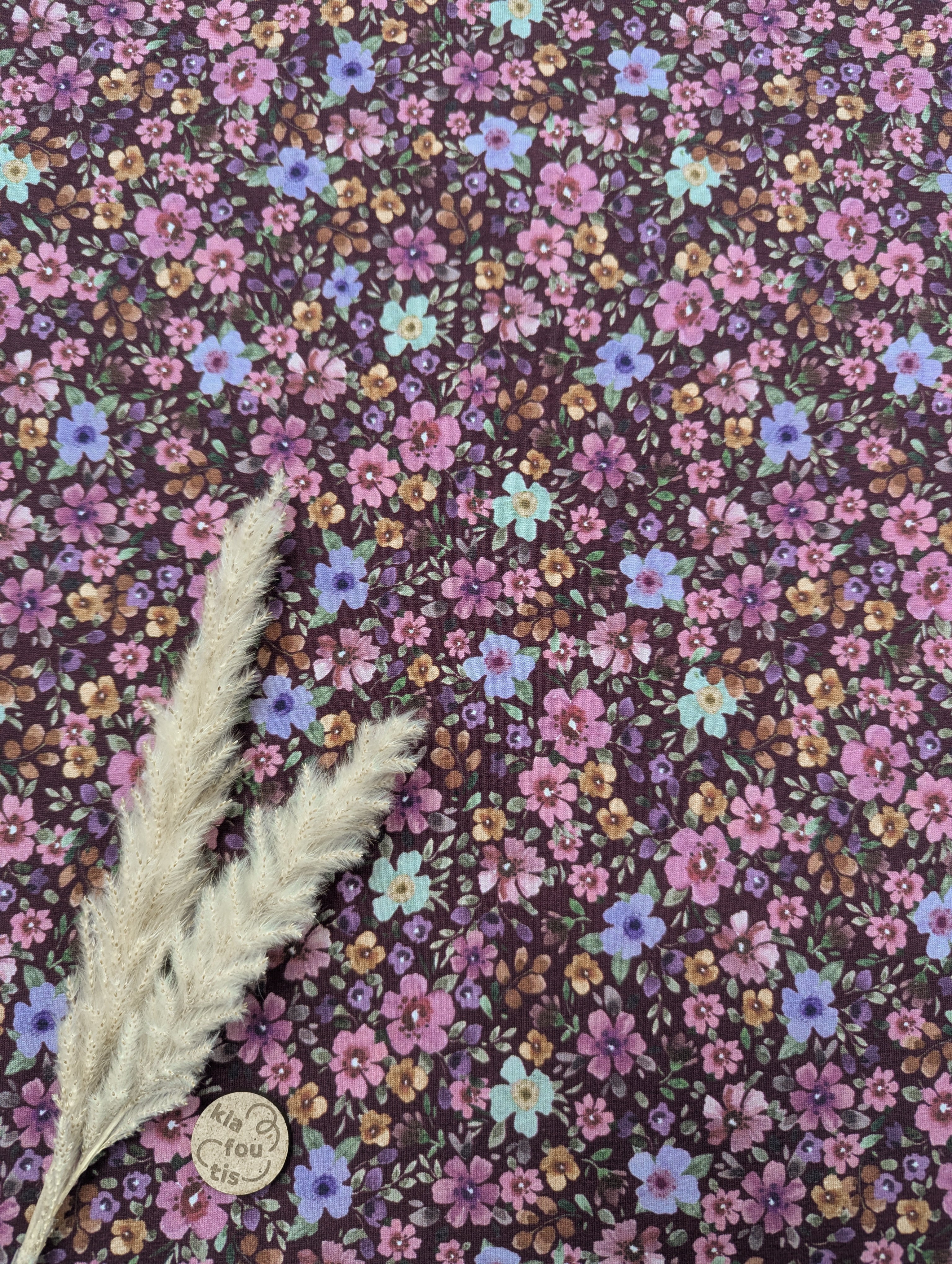 Jersey de coton lie de vin - Fleurs d