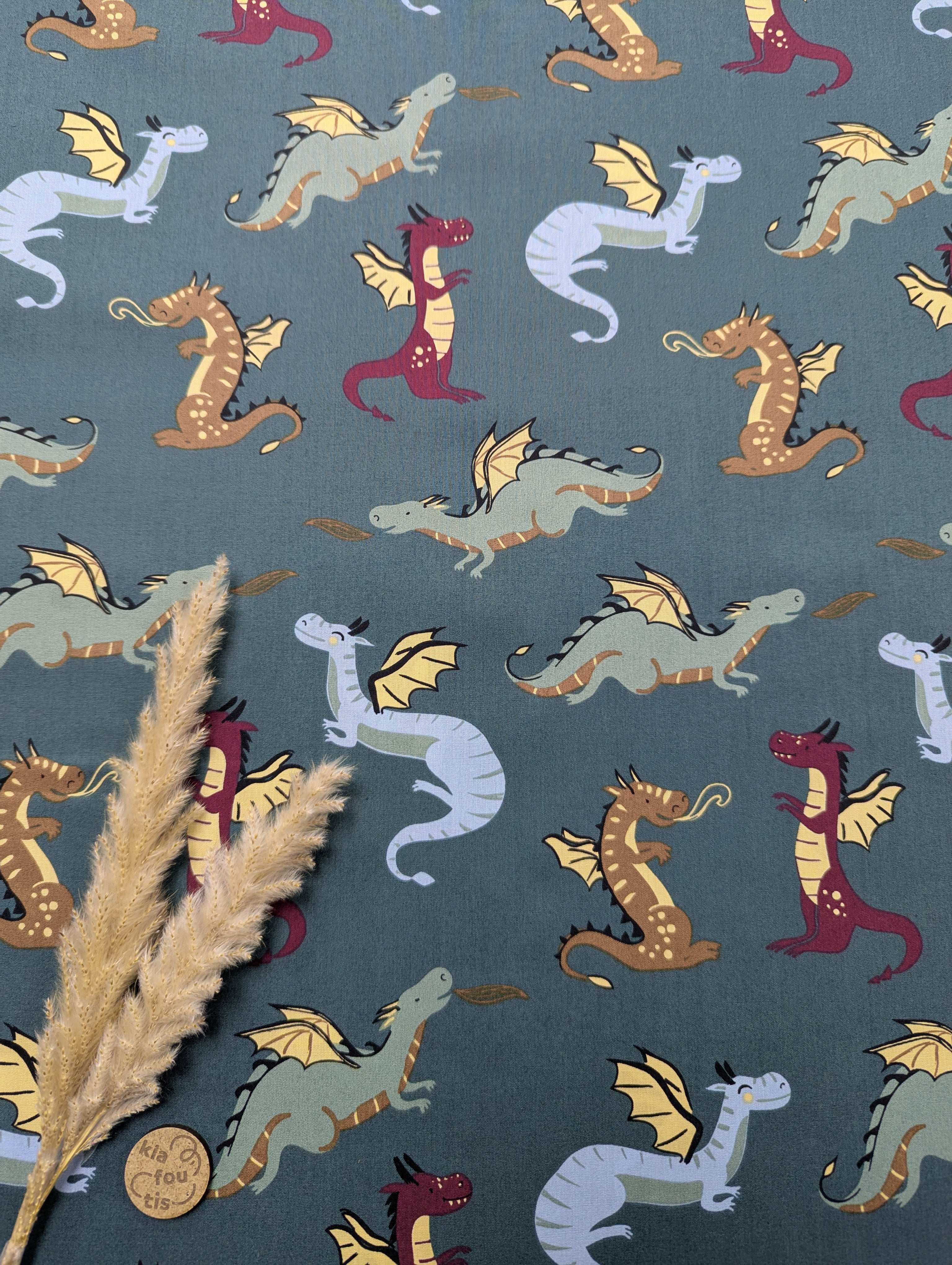 Popeline de coton bleu vert foncé - Dragons malicieux
