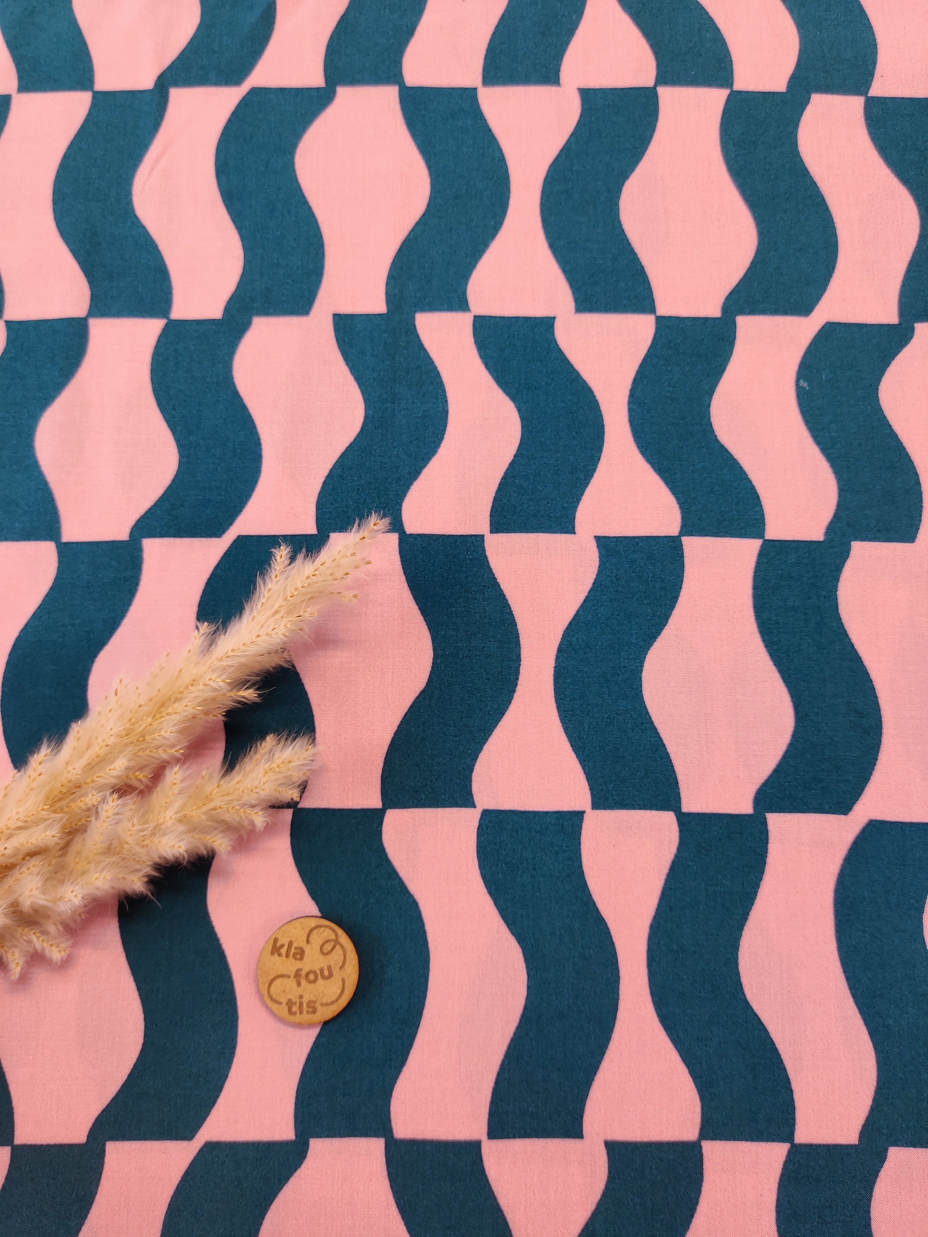 Popeline de viscose Ecovero rose et pétrole - Vague rétro