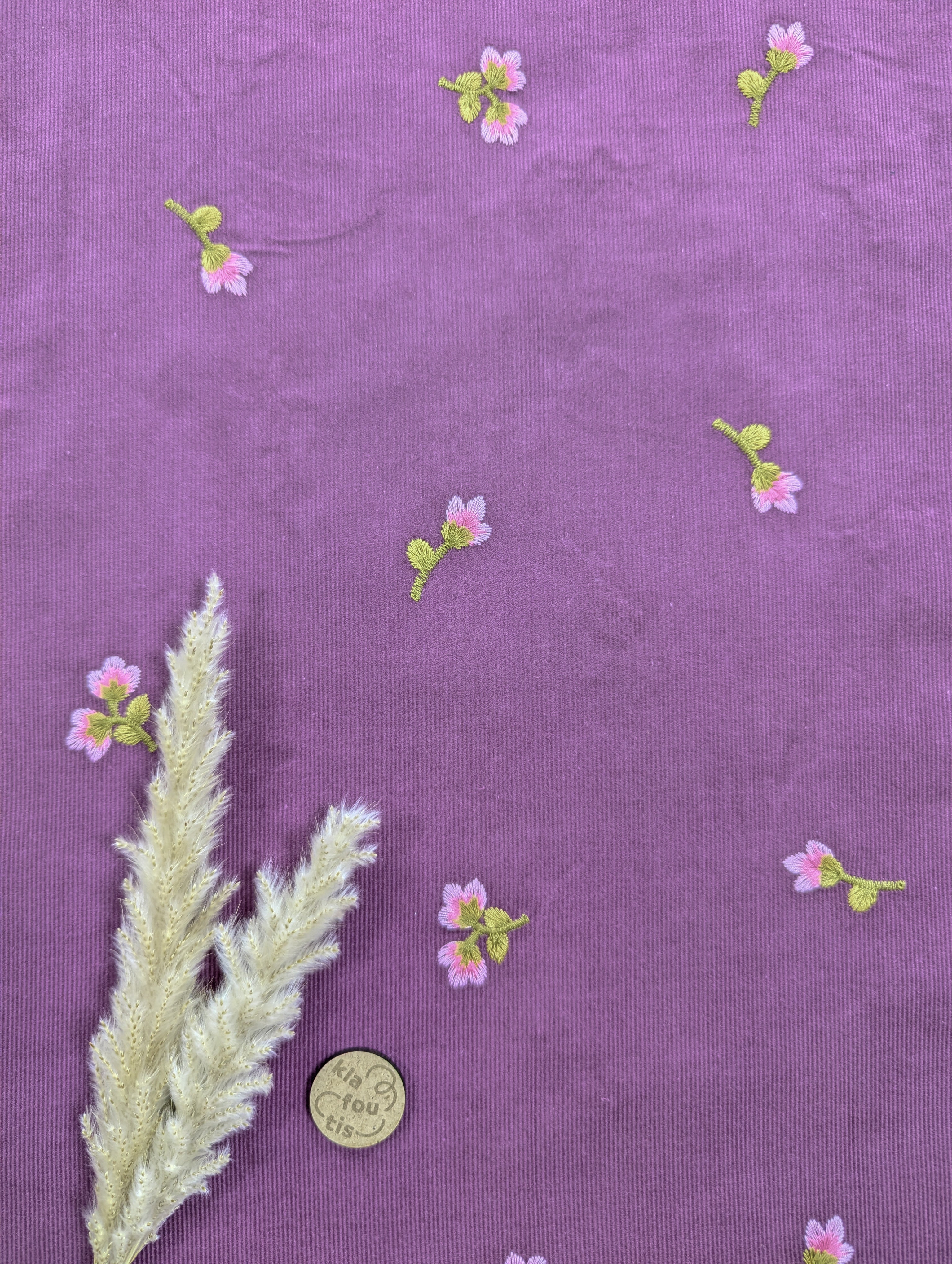 Velours milleraies brodé prune - jolie fleur