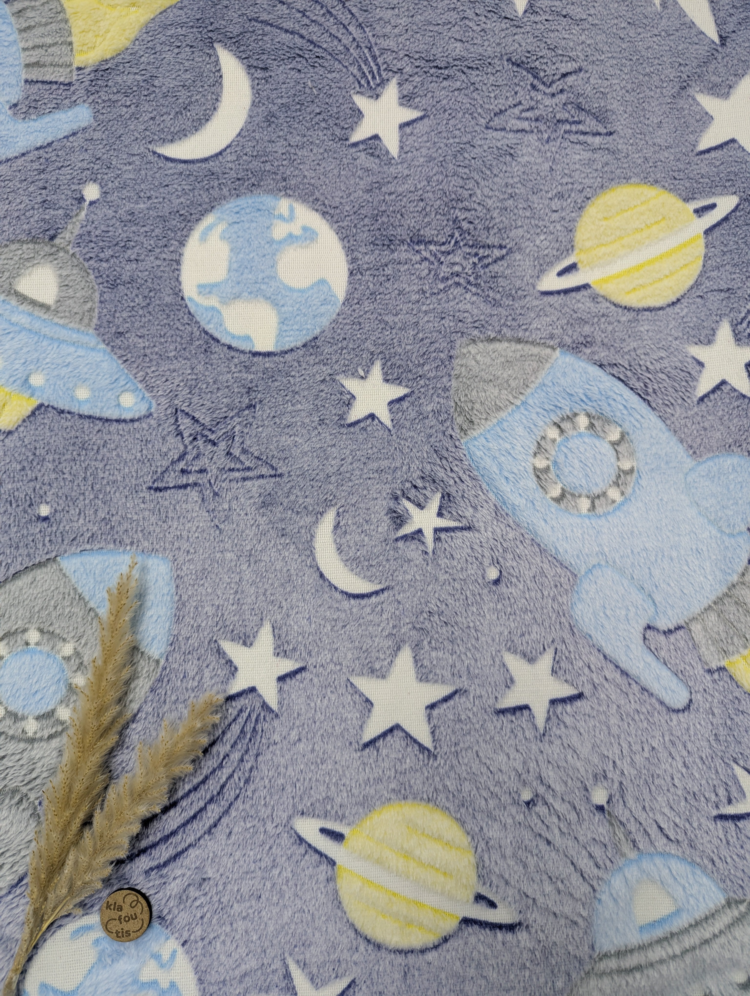 Tissu doudou phosphorescent bleu - fusées