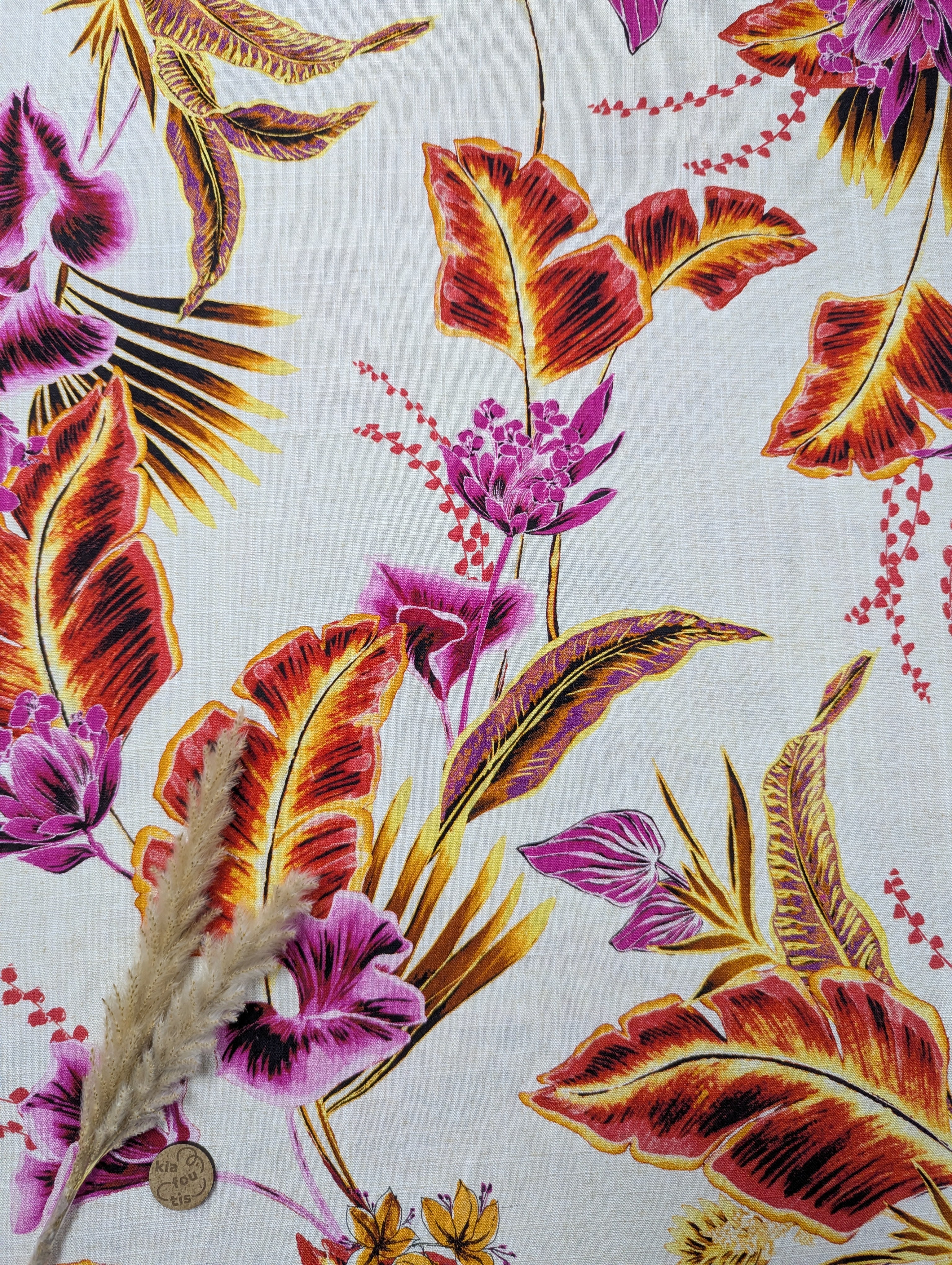 Lin viscose naturel - floraison rose-orangée
