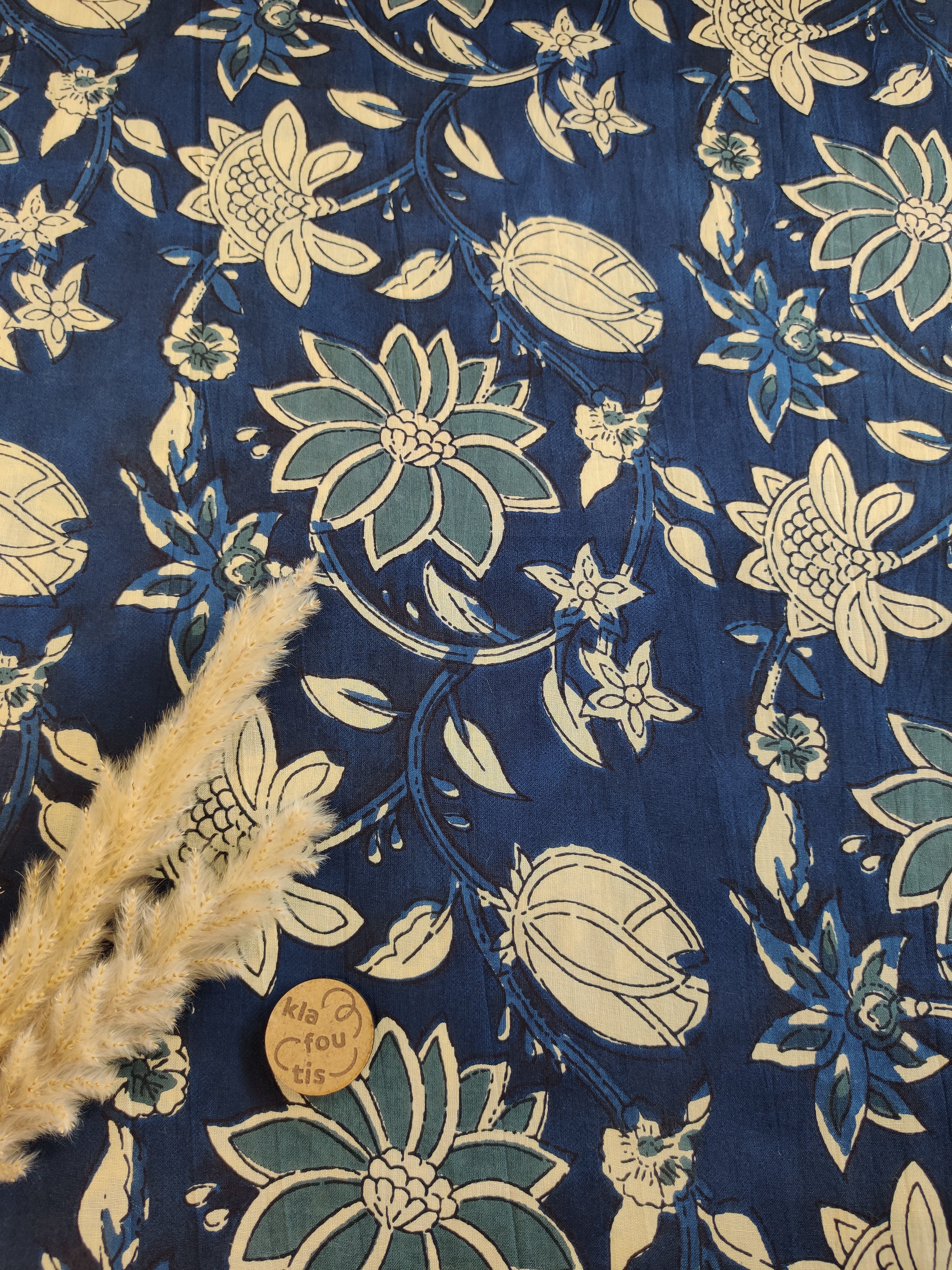 Voile de coton bleu marine - Nuit botanique