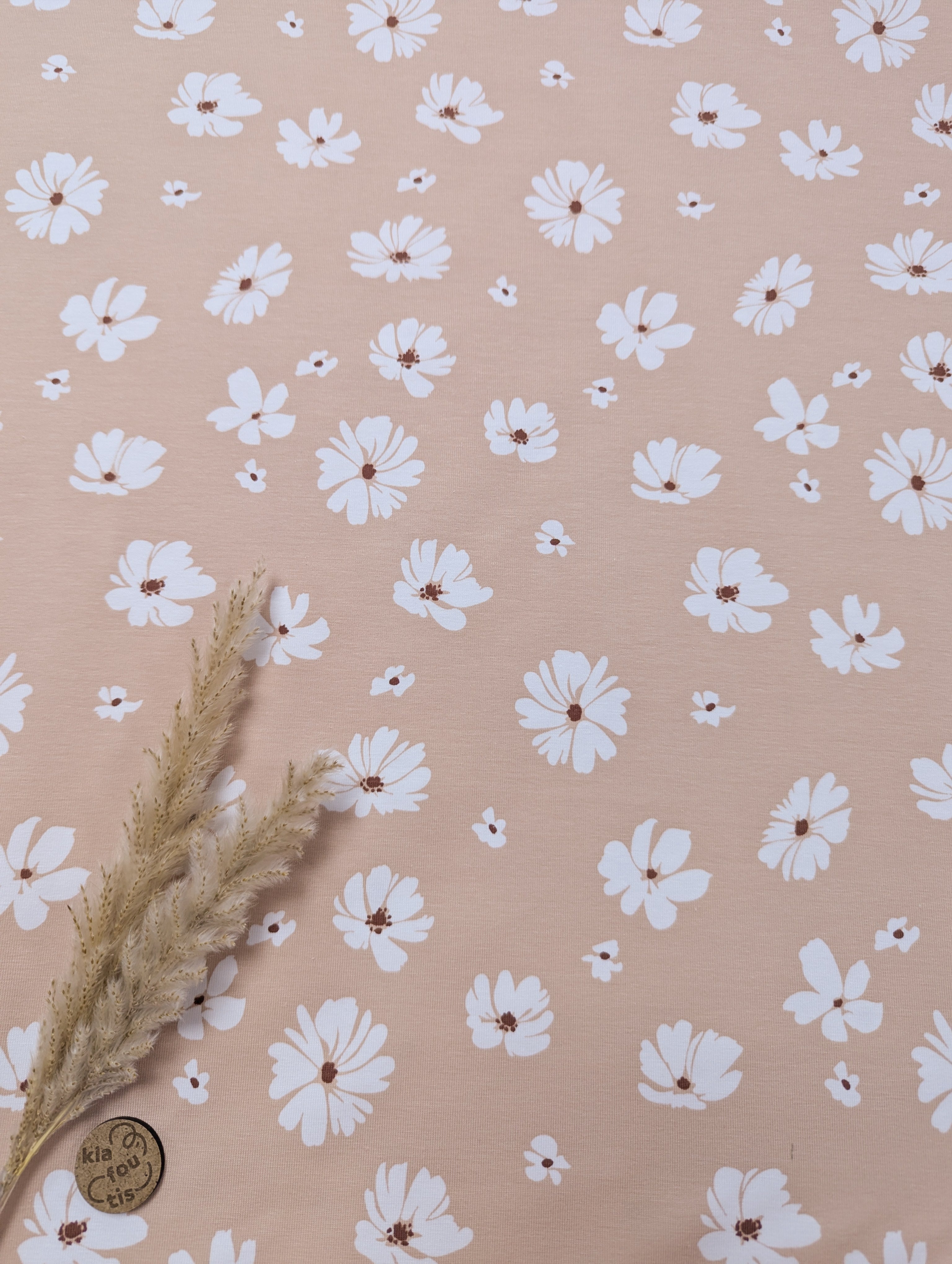 Jersey de coton rose nude - floraison blanche
