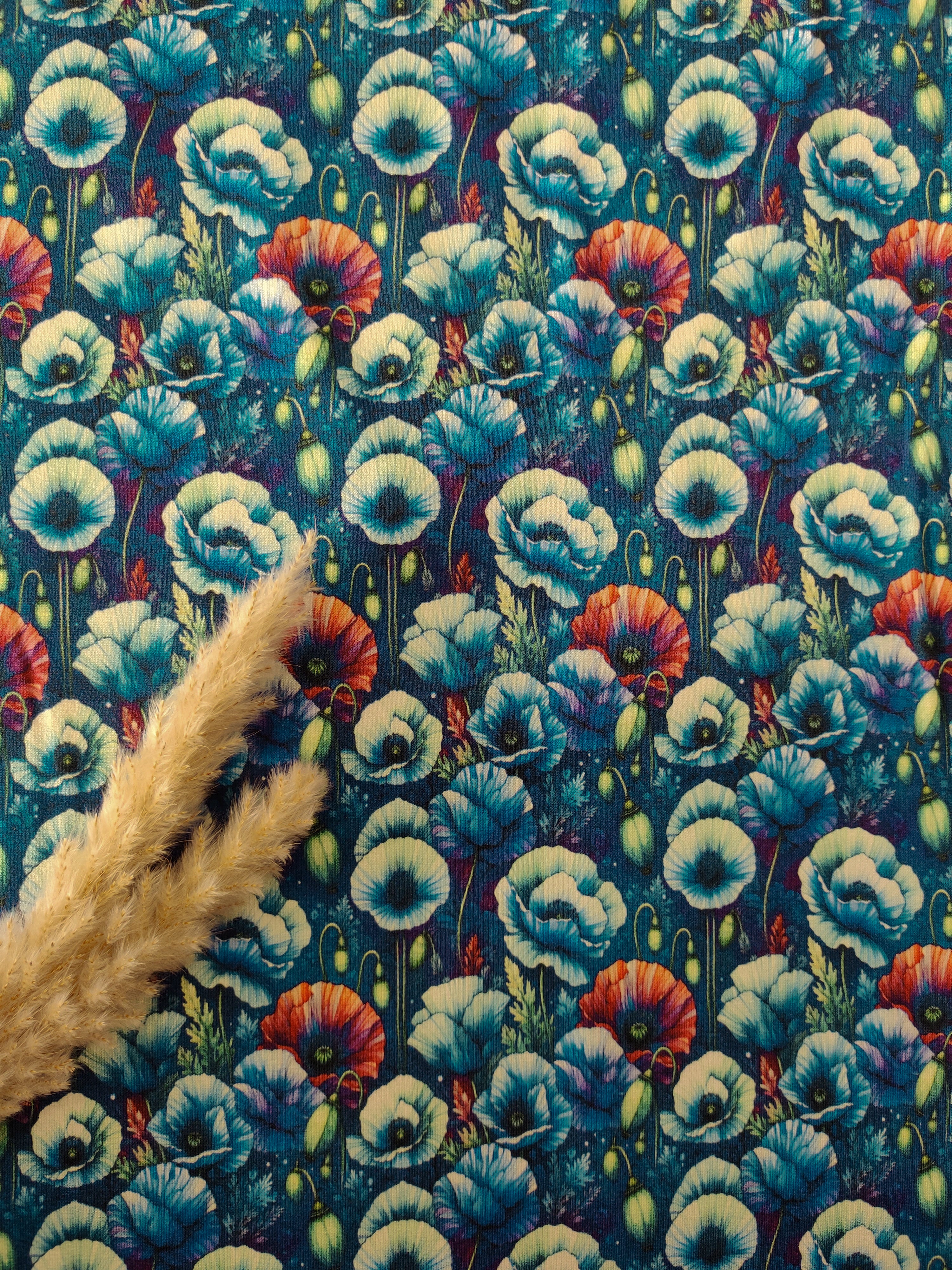 Jersey de viscose bleu marine - Comme des anémones bleues et rouges