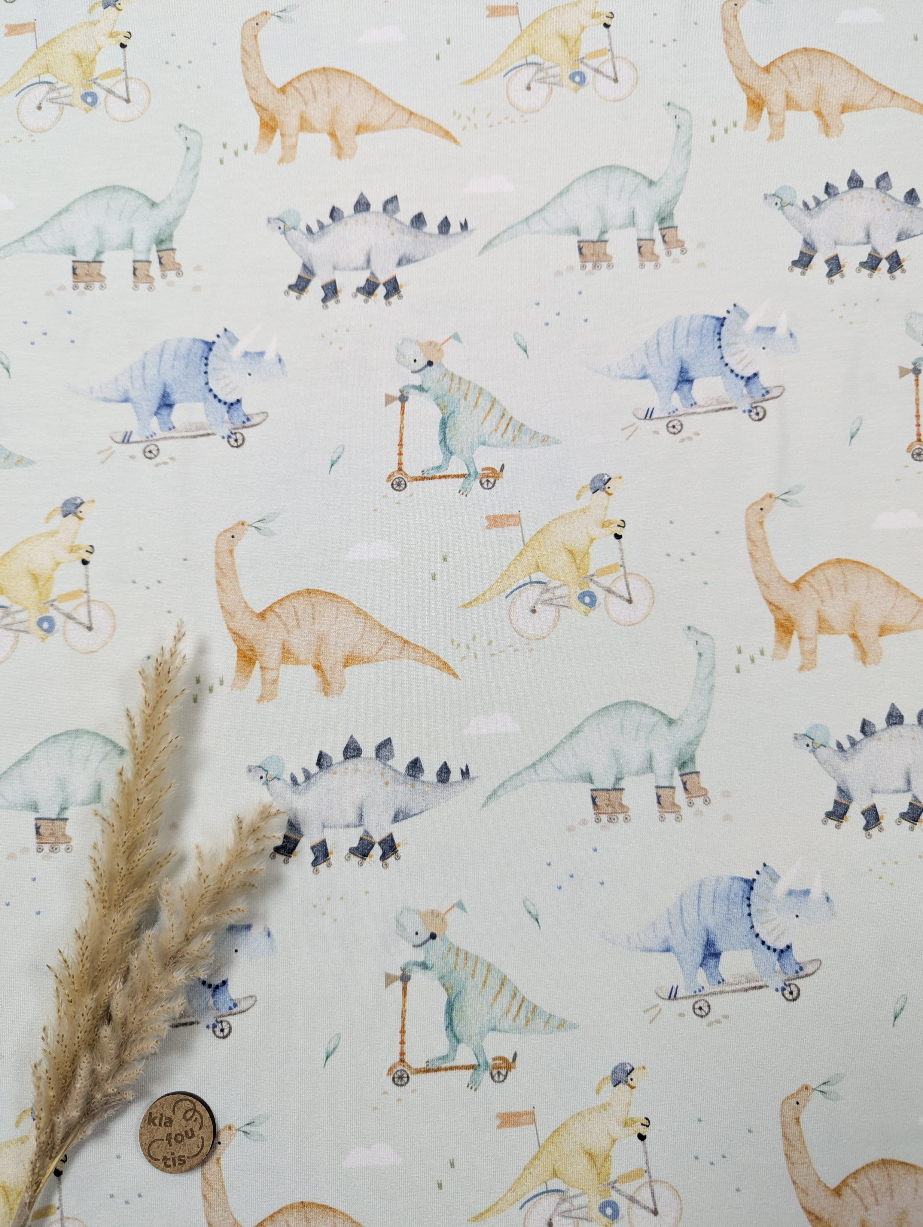 Jersey de coton vert pâle - dinos sur roues