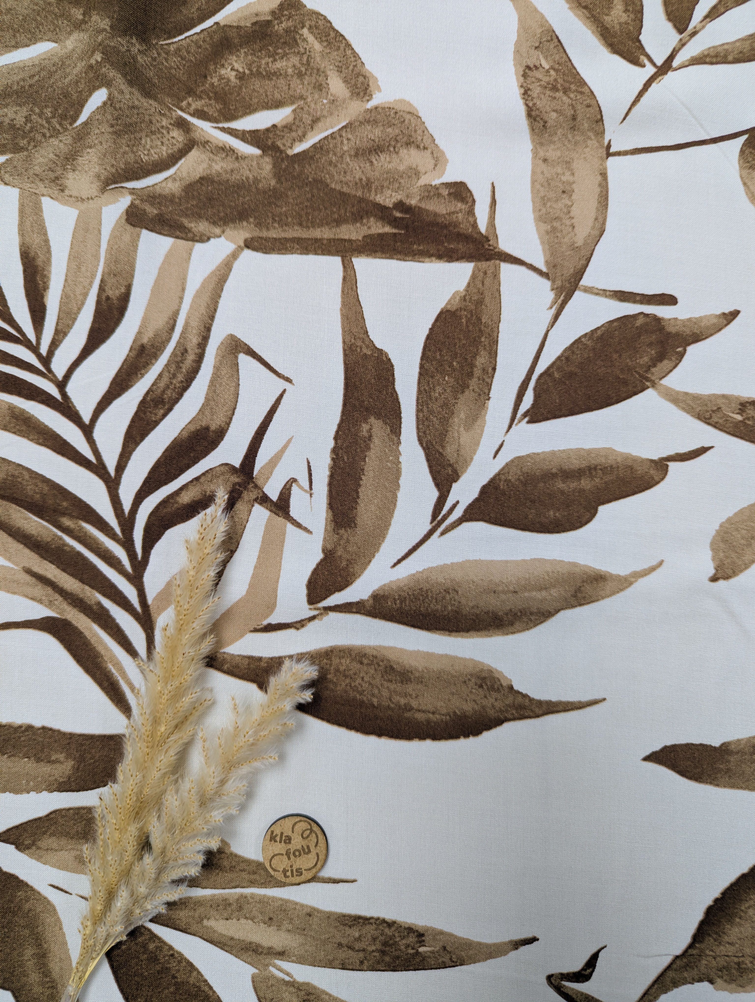 Popeline de viscose crème - feuillage marron