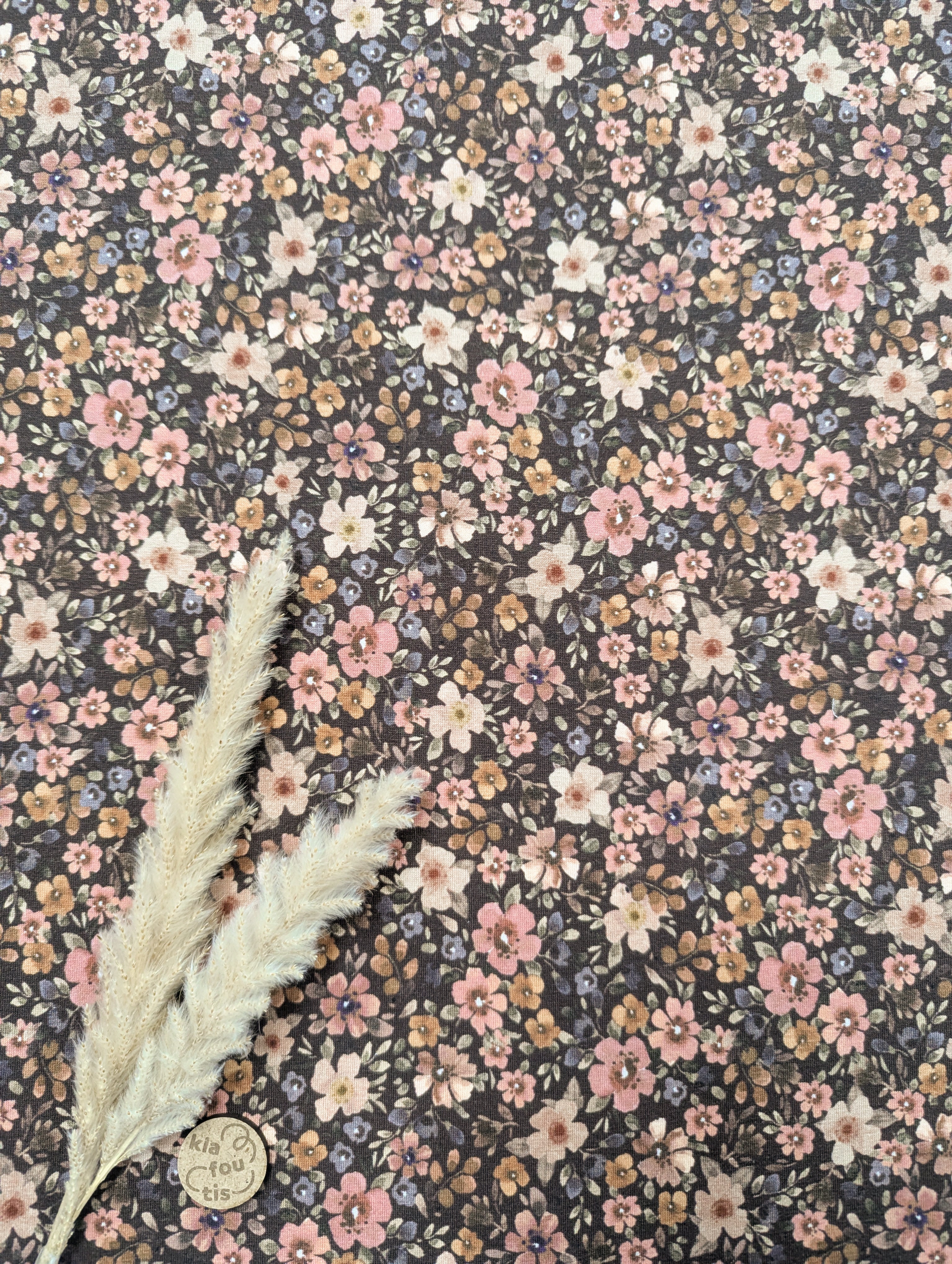 Jersey de coton brun - Fleurs d