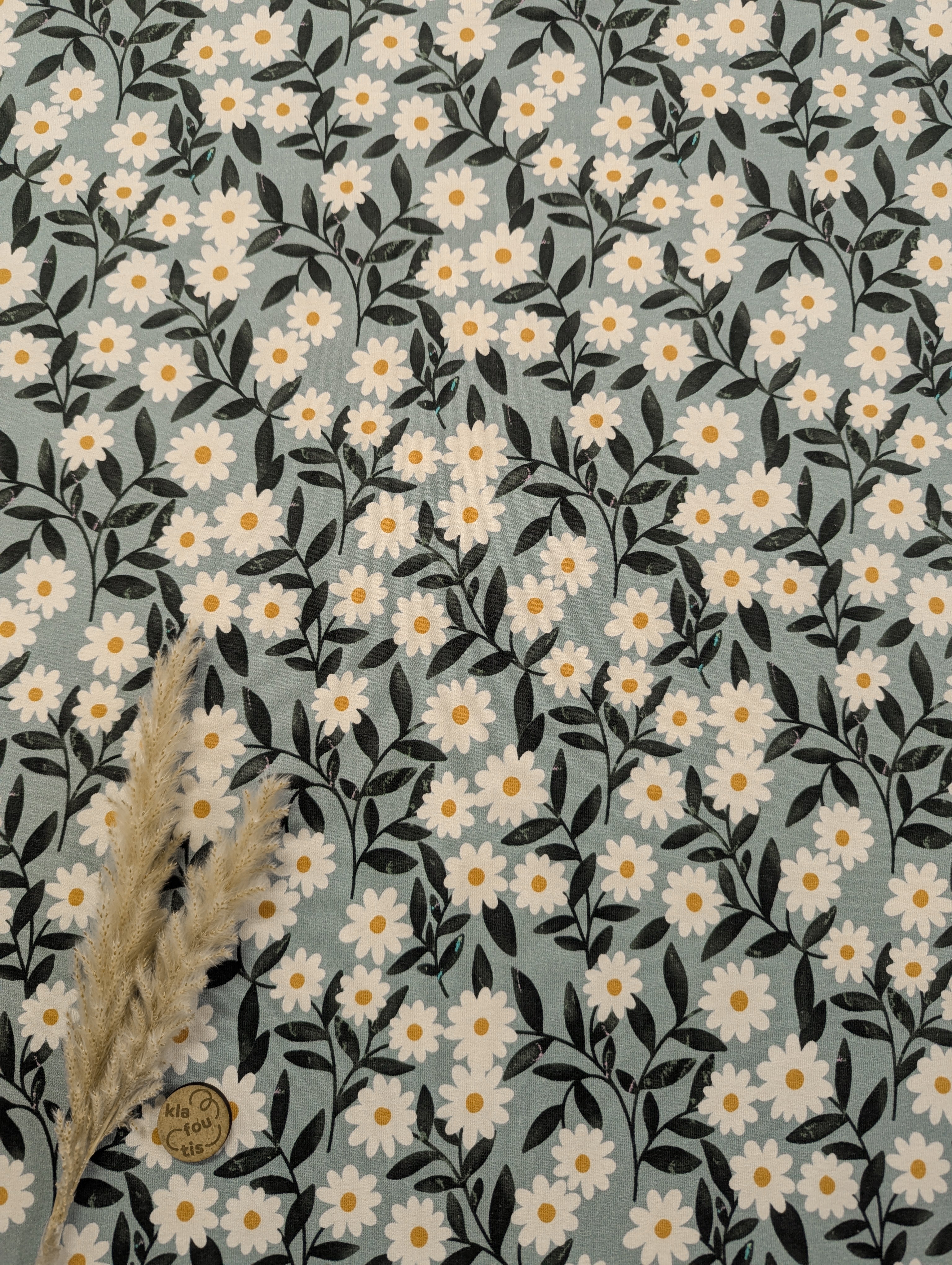 French Terry bleu clair - effet marguerites