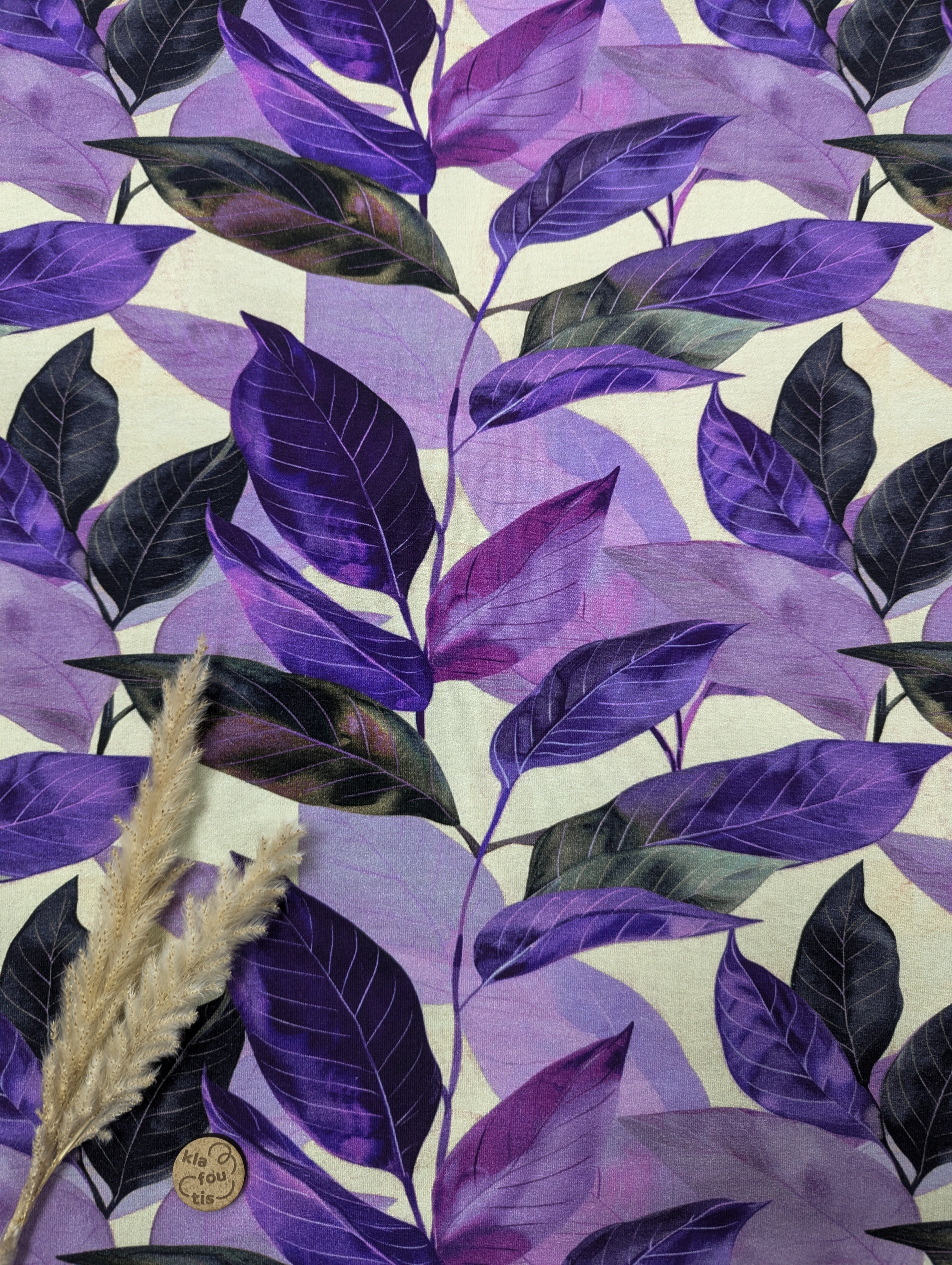 French Terry mauve - feuillage peint