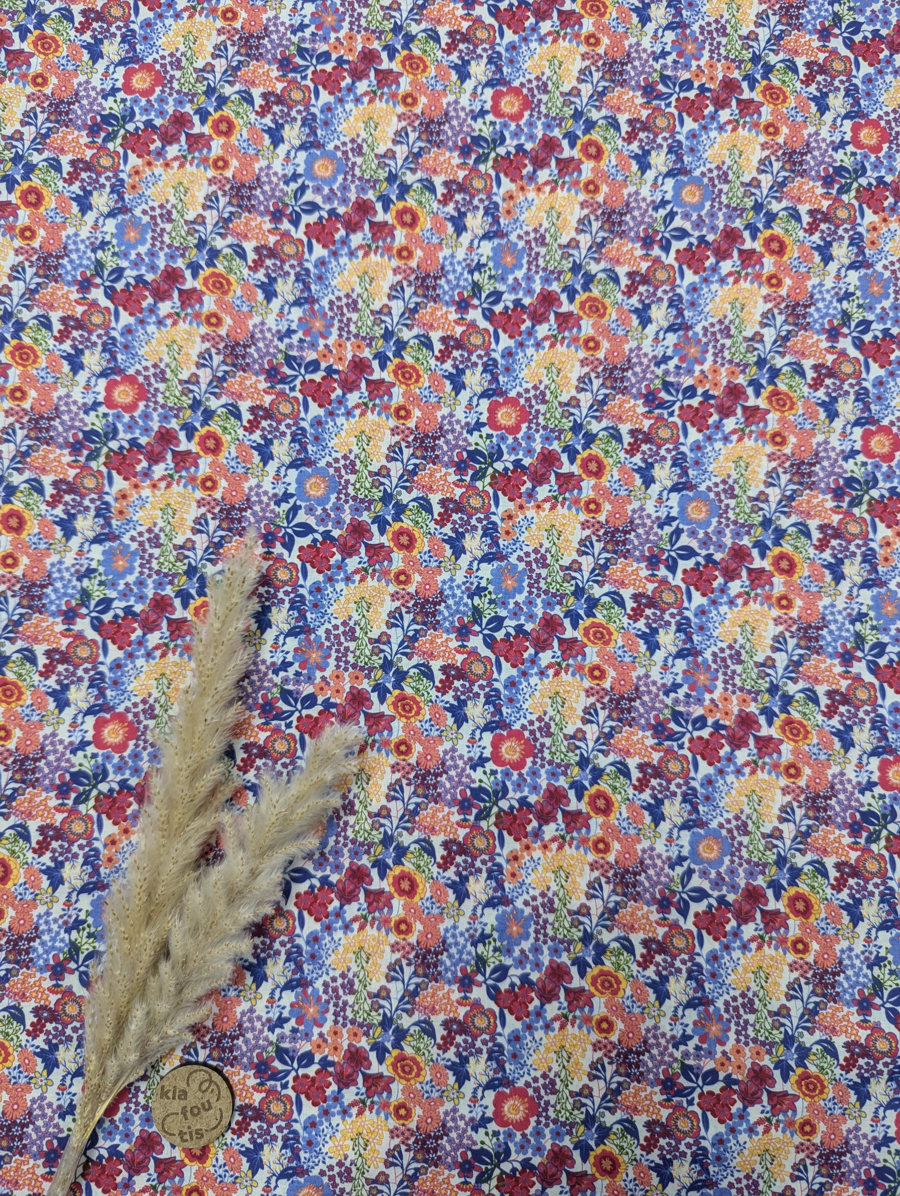 Popeline de coton écru - effet liberty multicolore bleuté