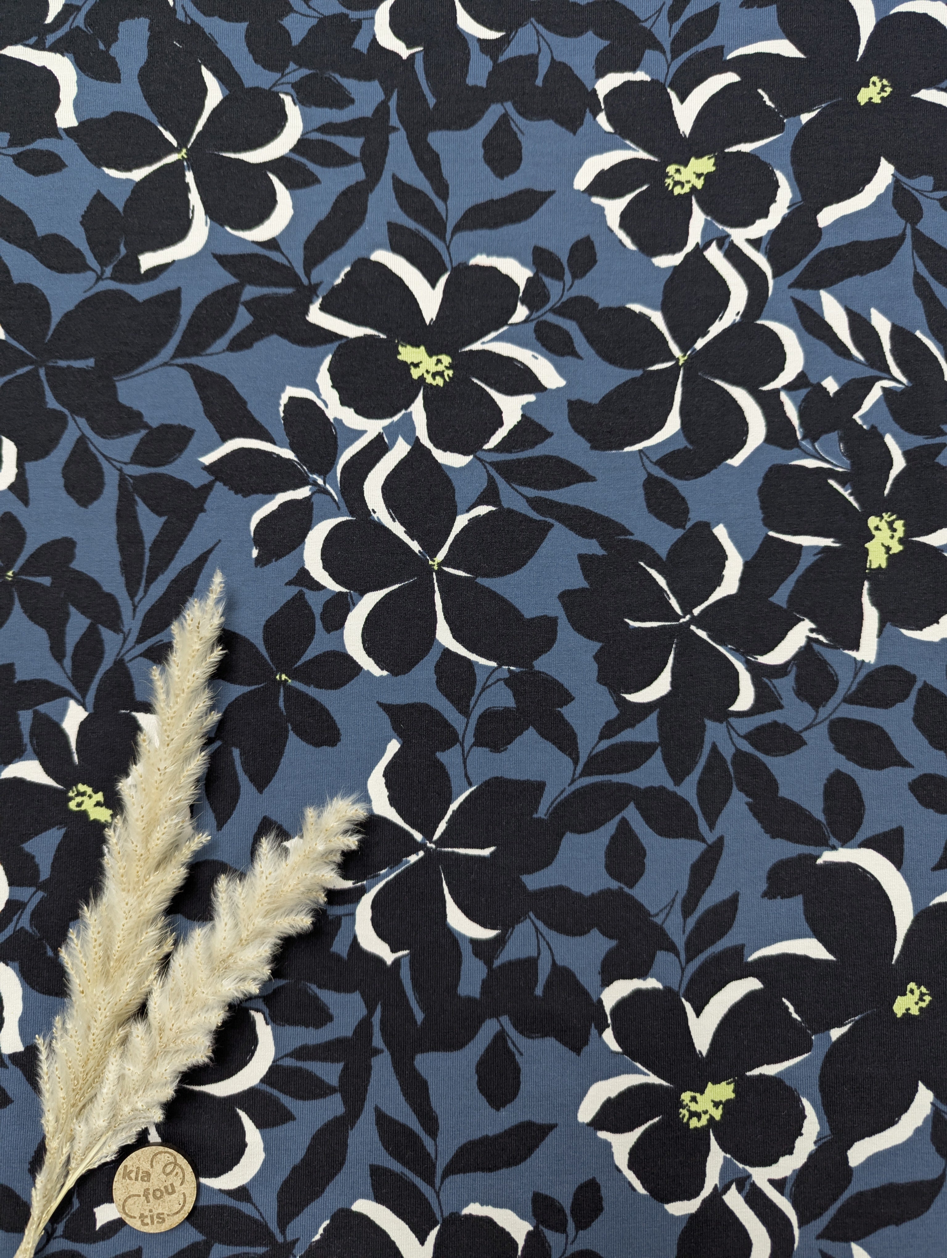 Jersey de coton denim - Fleurs de nuit