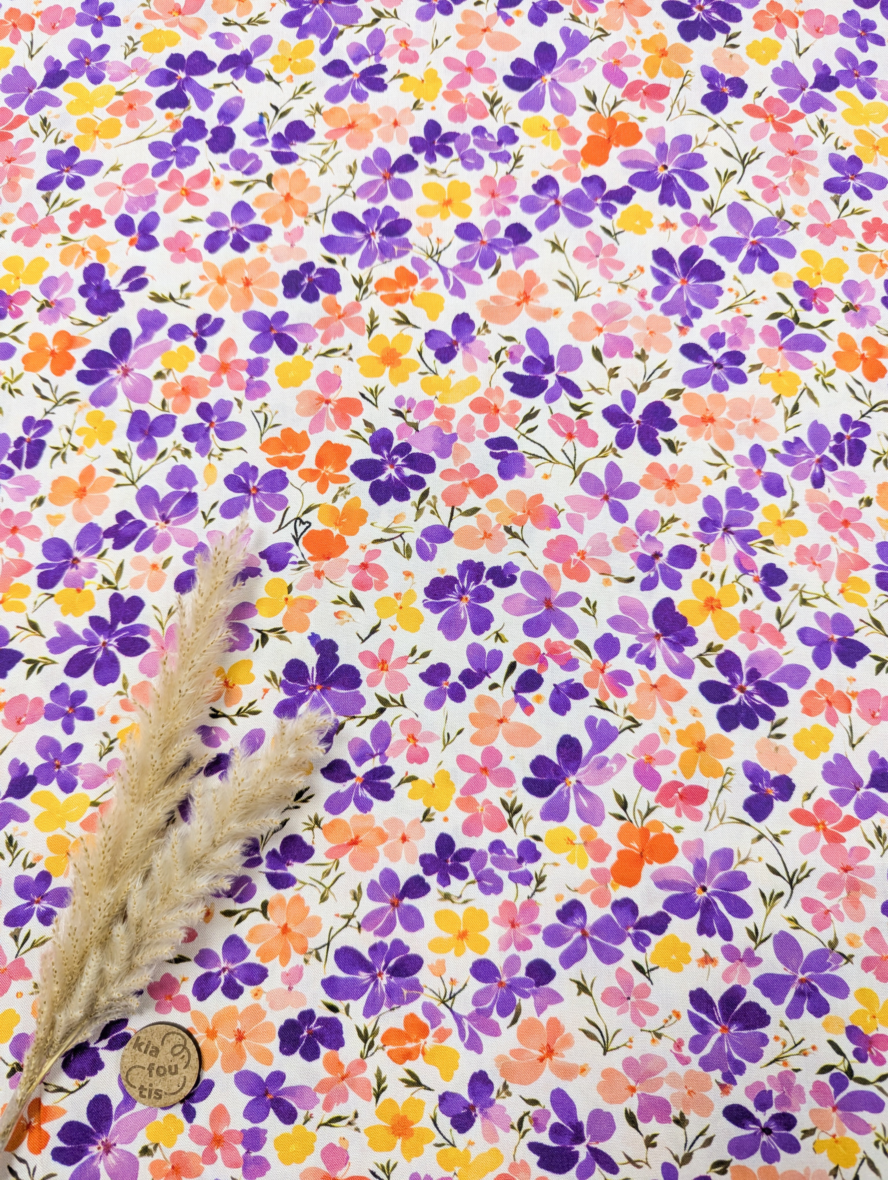 Popeline de viscose écru - prairie fleurie jaune et violet