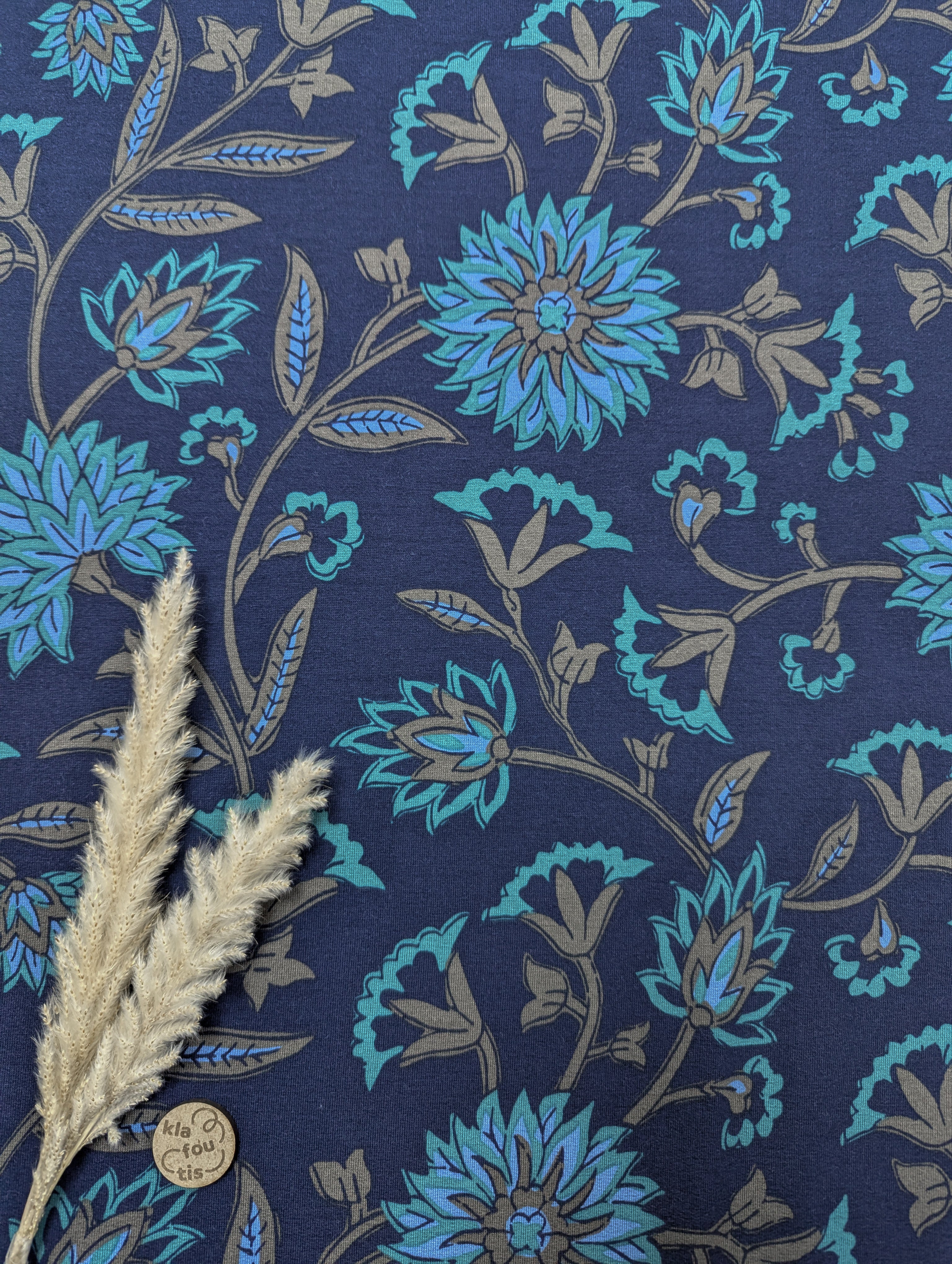 French Terry bleu marine - fleurs stylisées