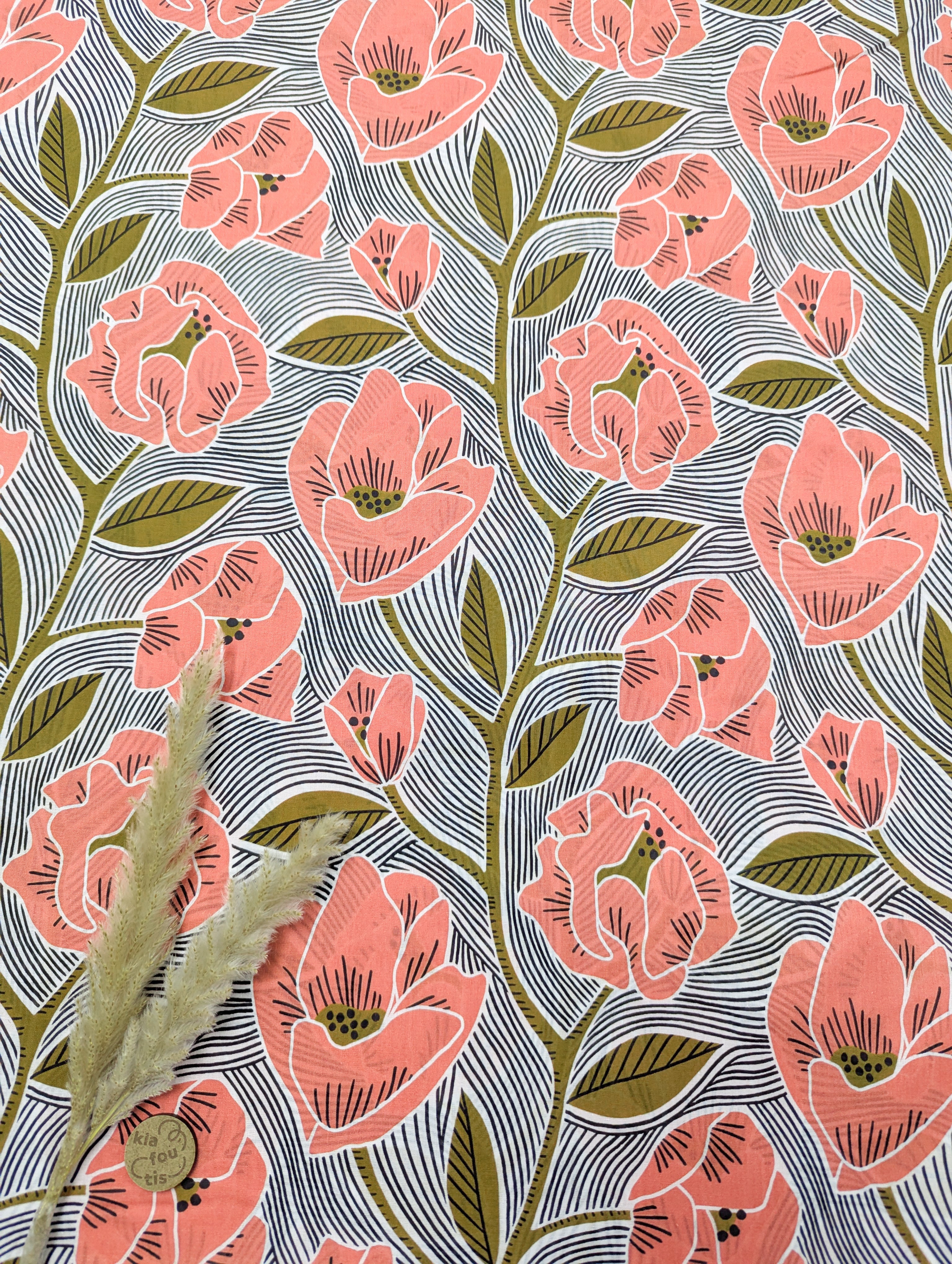 Voile de coton blanc - Coquelicots graphiques