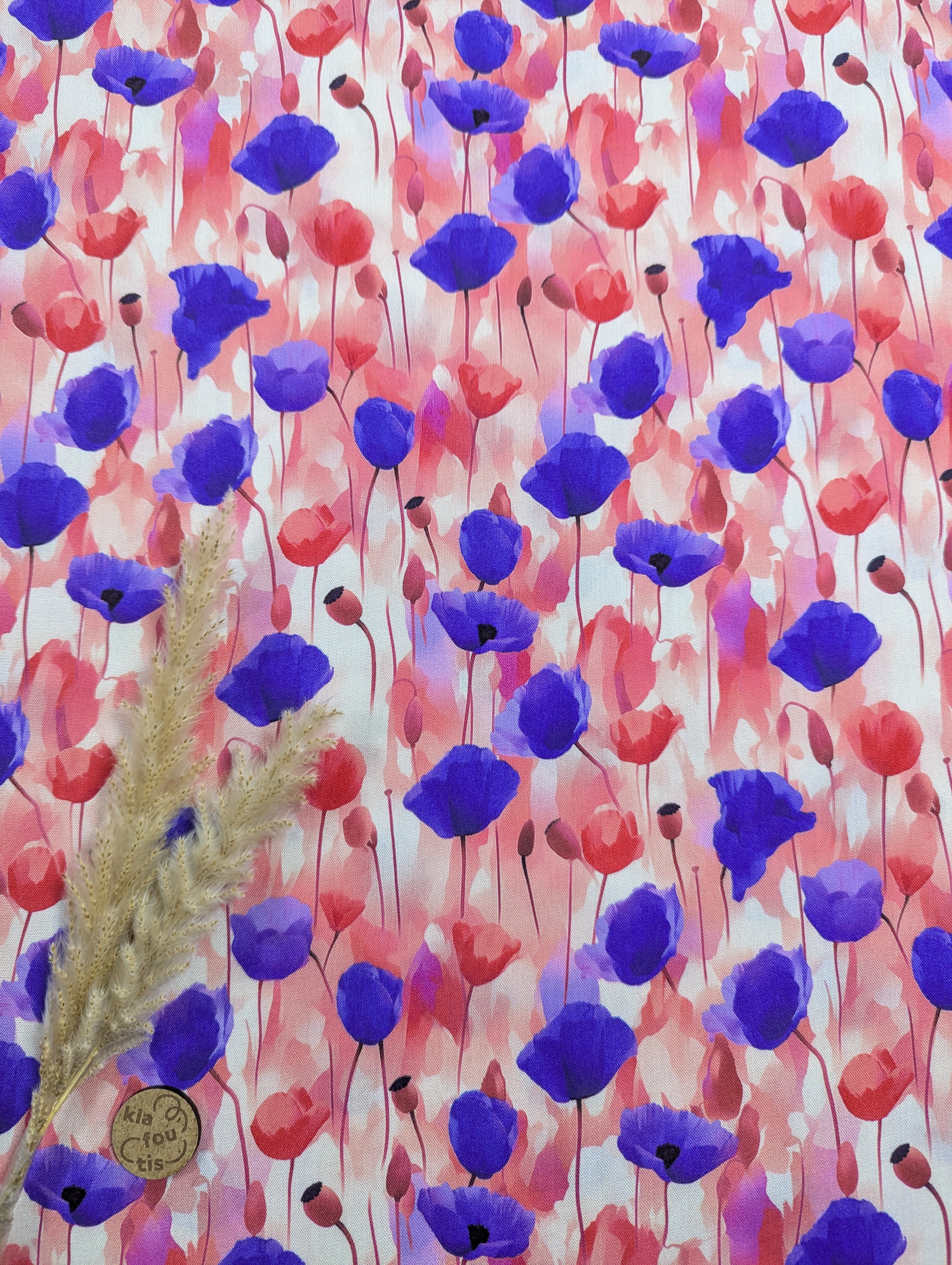 Popeline de viscose rose et bleue - comme des coquelicots