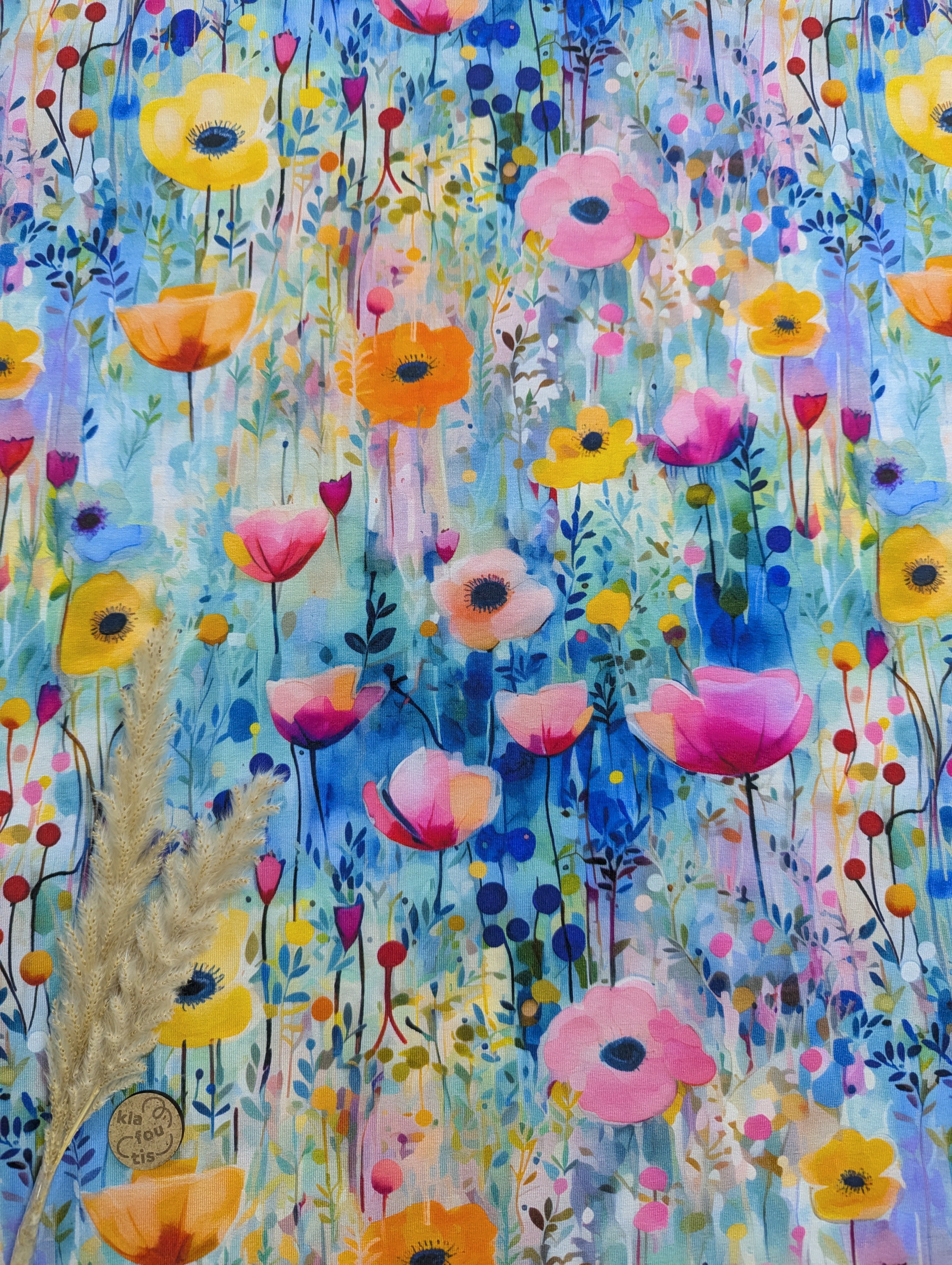 Jersey de viscose bleu - fleurs enchantées