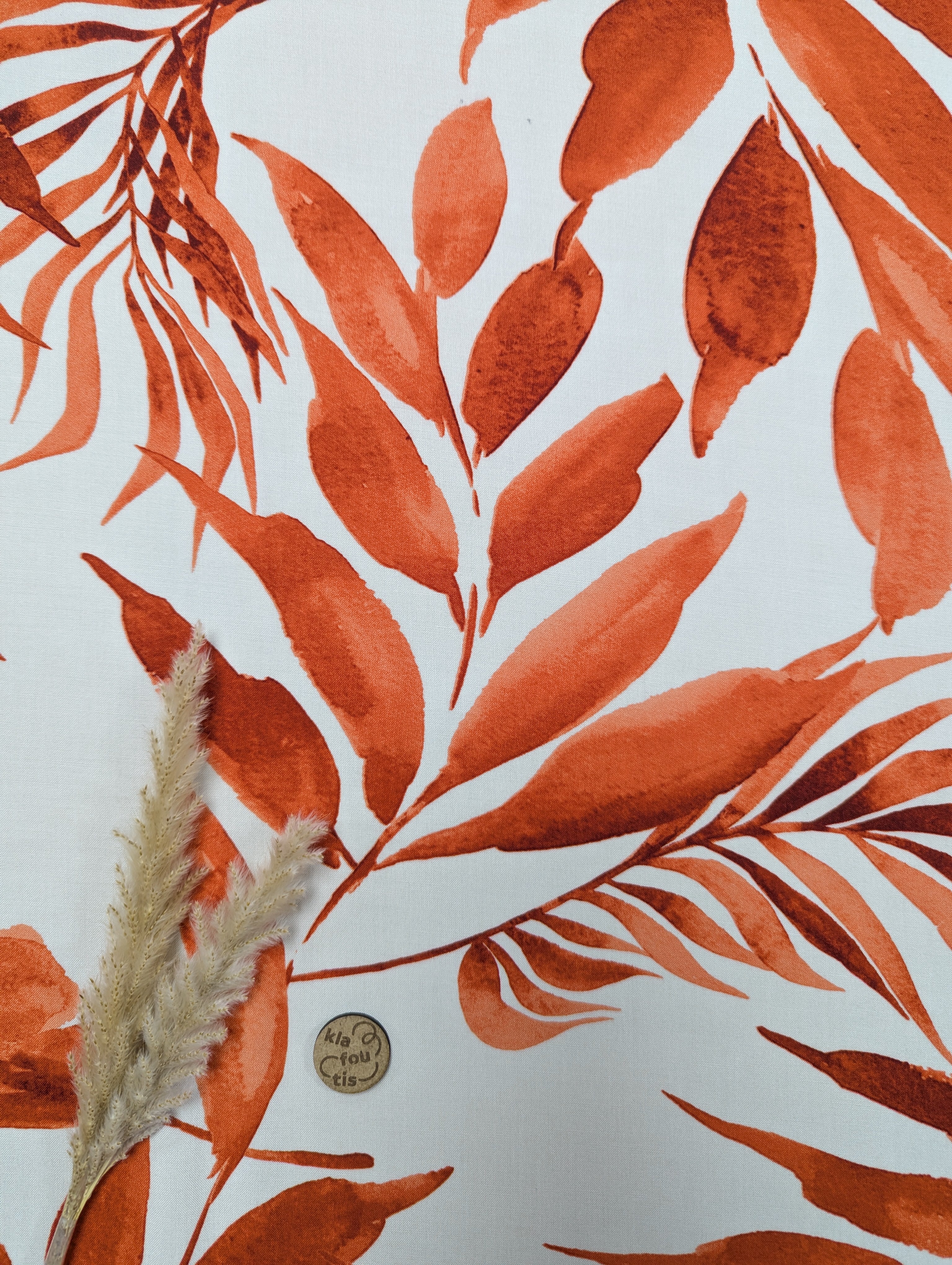 Popeline de viscose écru - feuillage orangé
