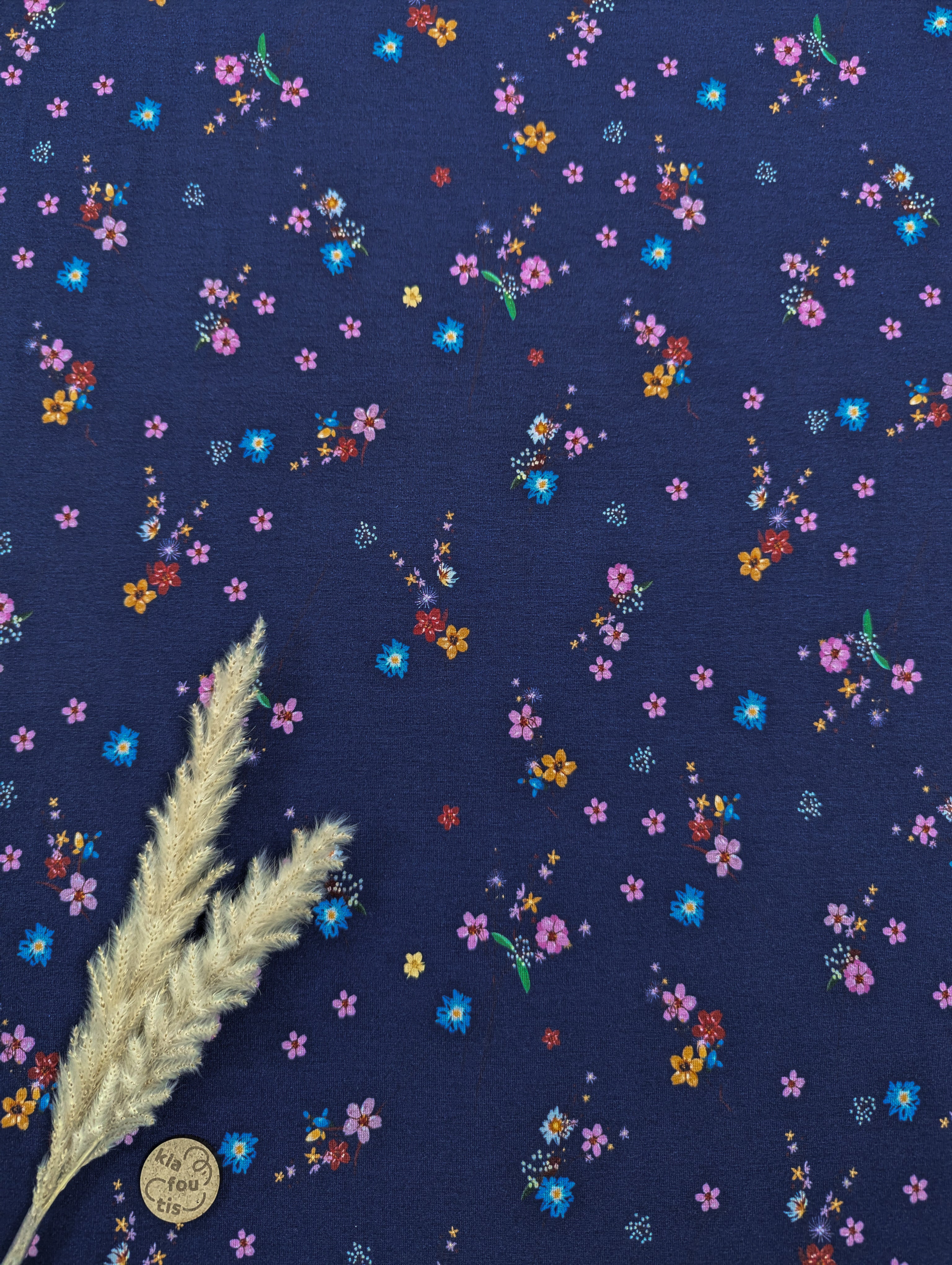 Jersey de viscose bleu marine - Nuit fleurie