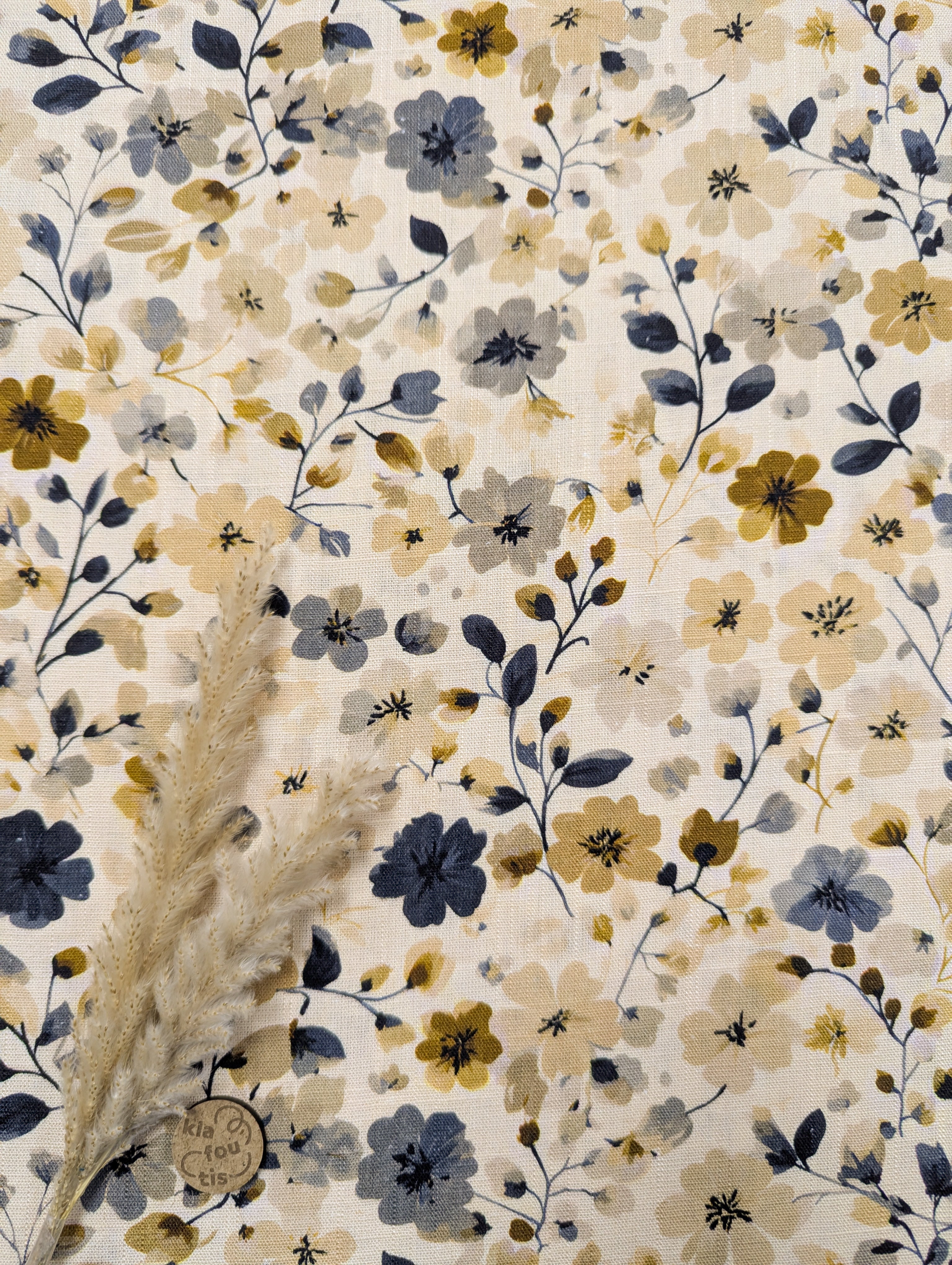 Lin viscose beige - floraison bleutée