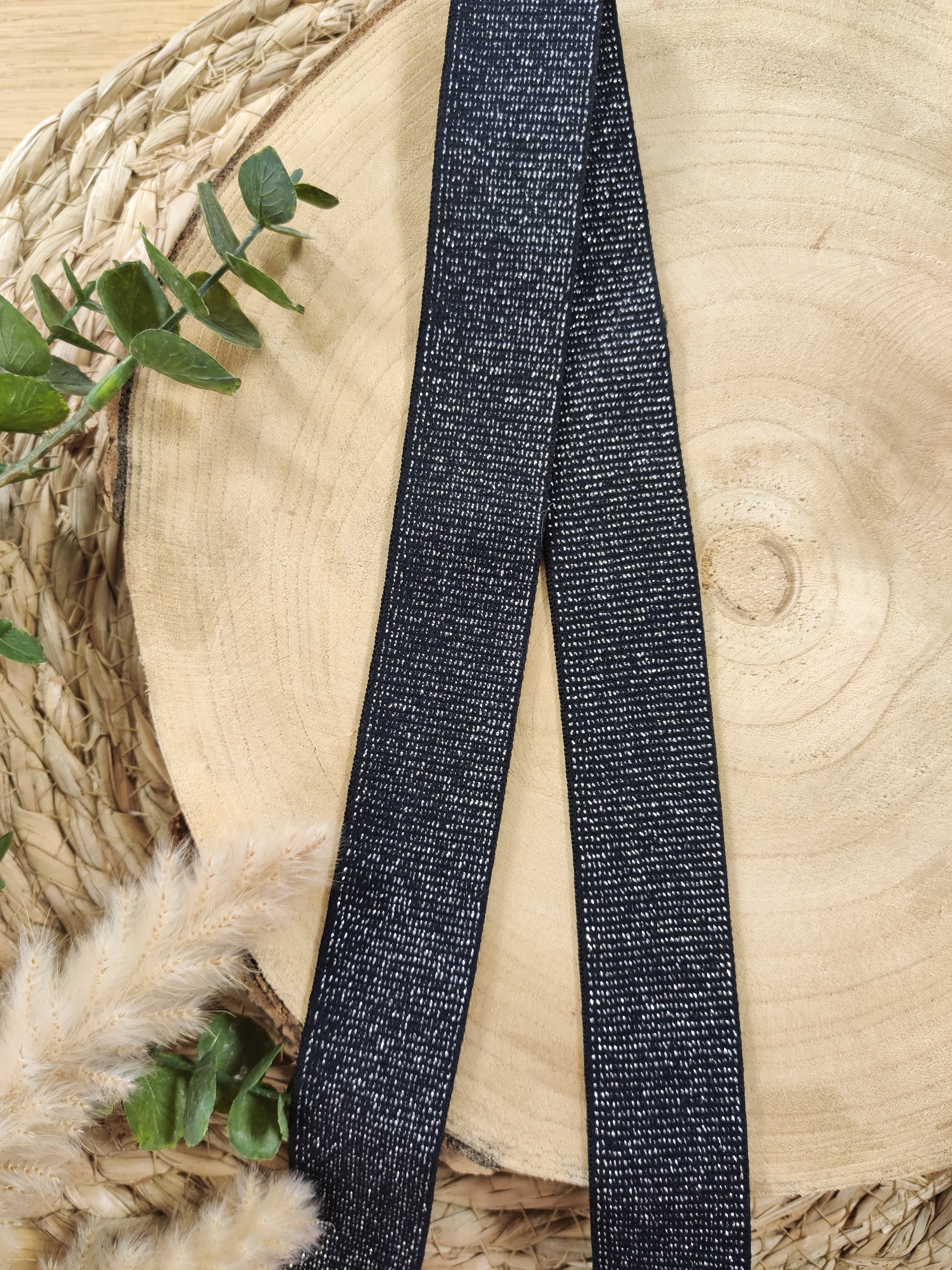 Élastique doux 32 mm - Noir lurex argenté