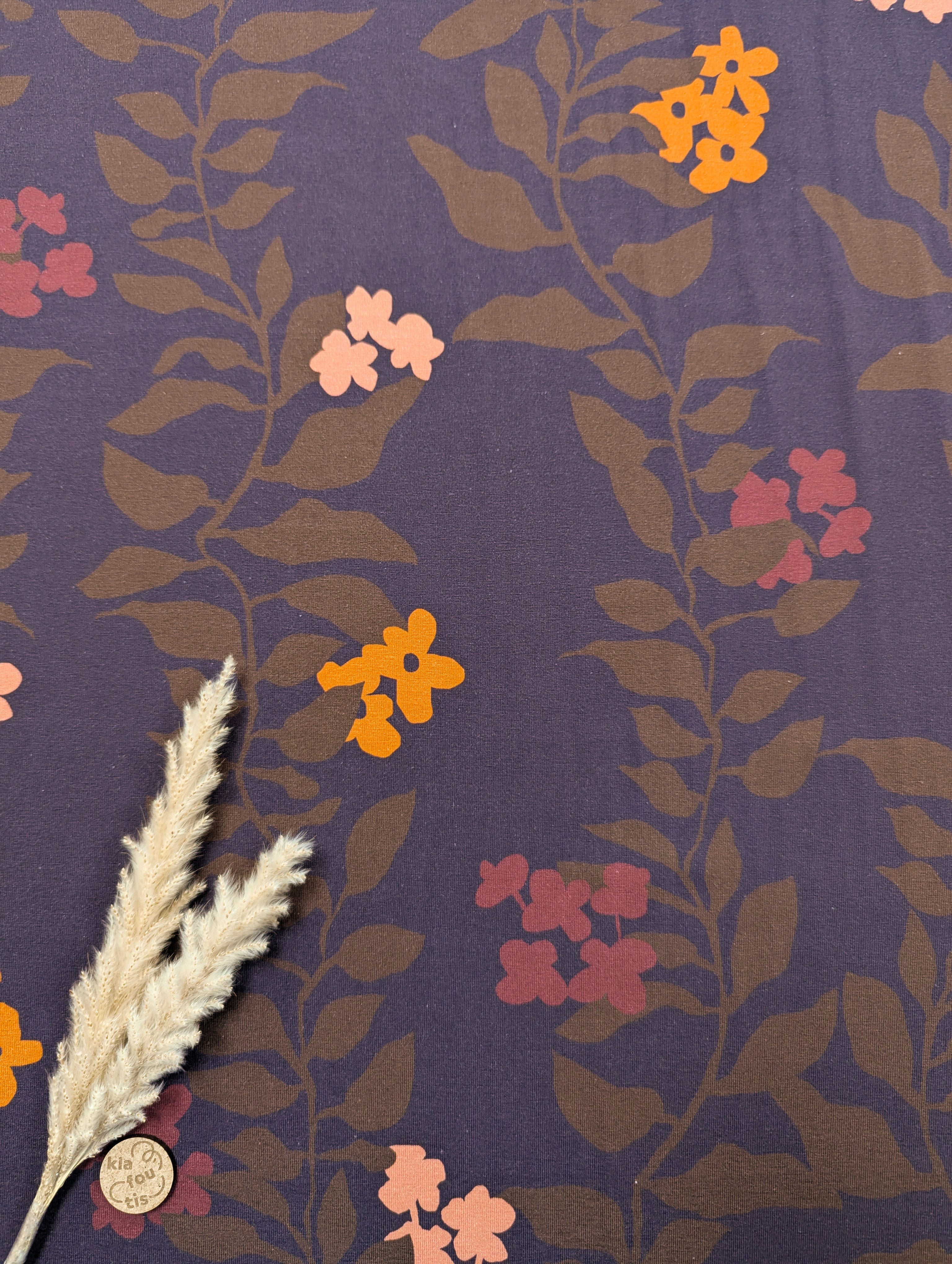Jersey de coton aubergine foncée - grande floraison