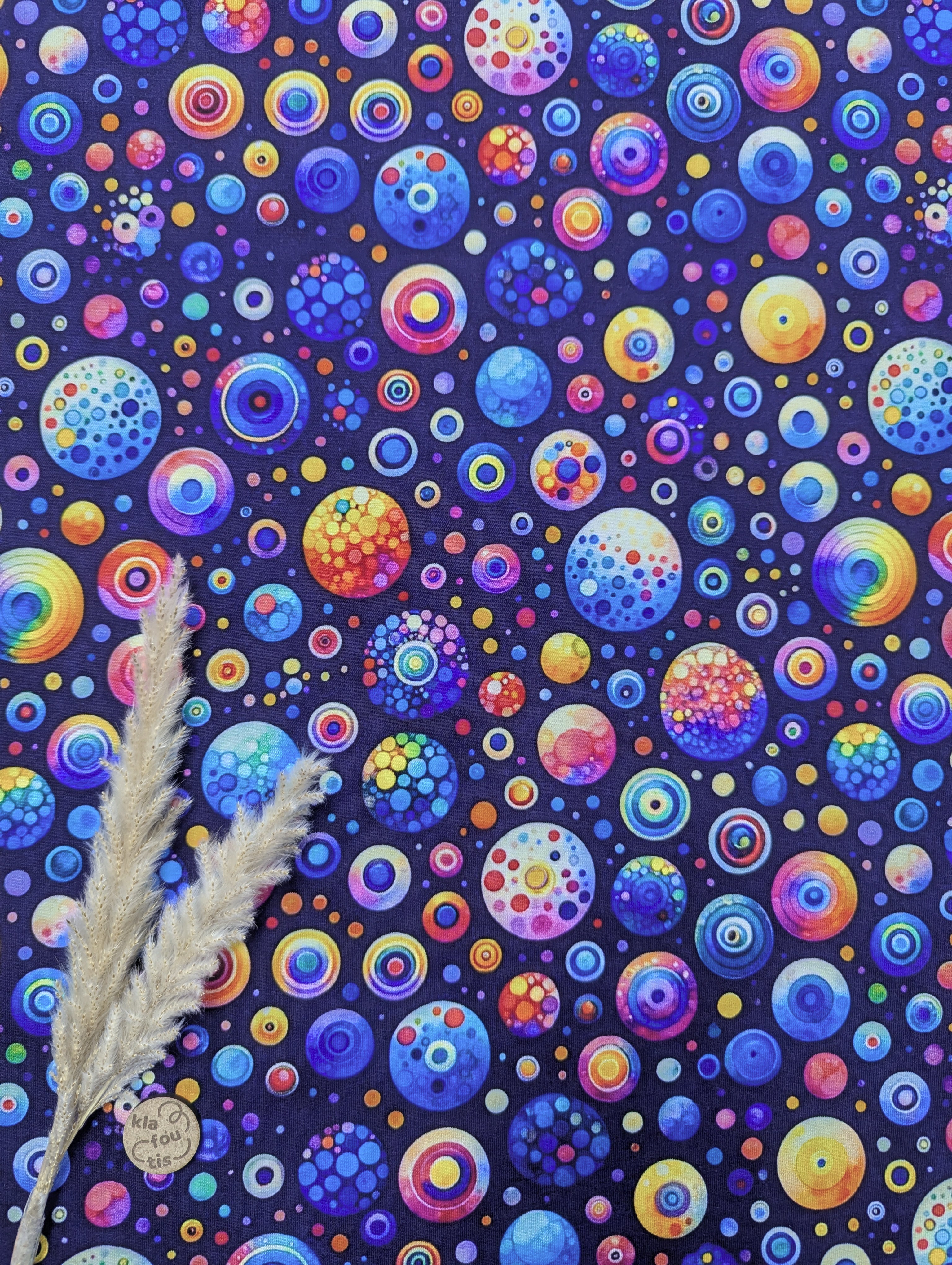 French Terry bleu marine - cercles colorés