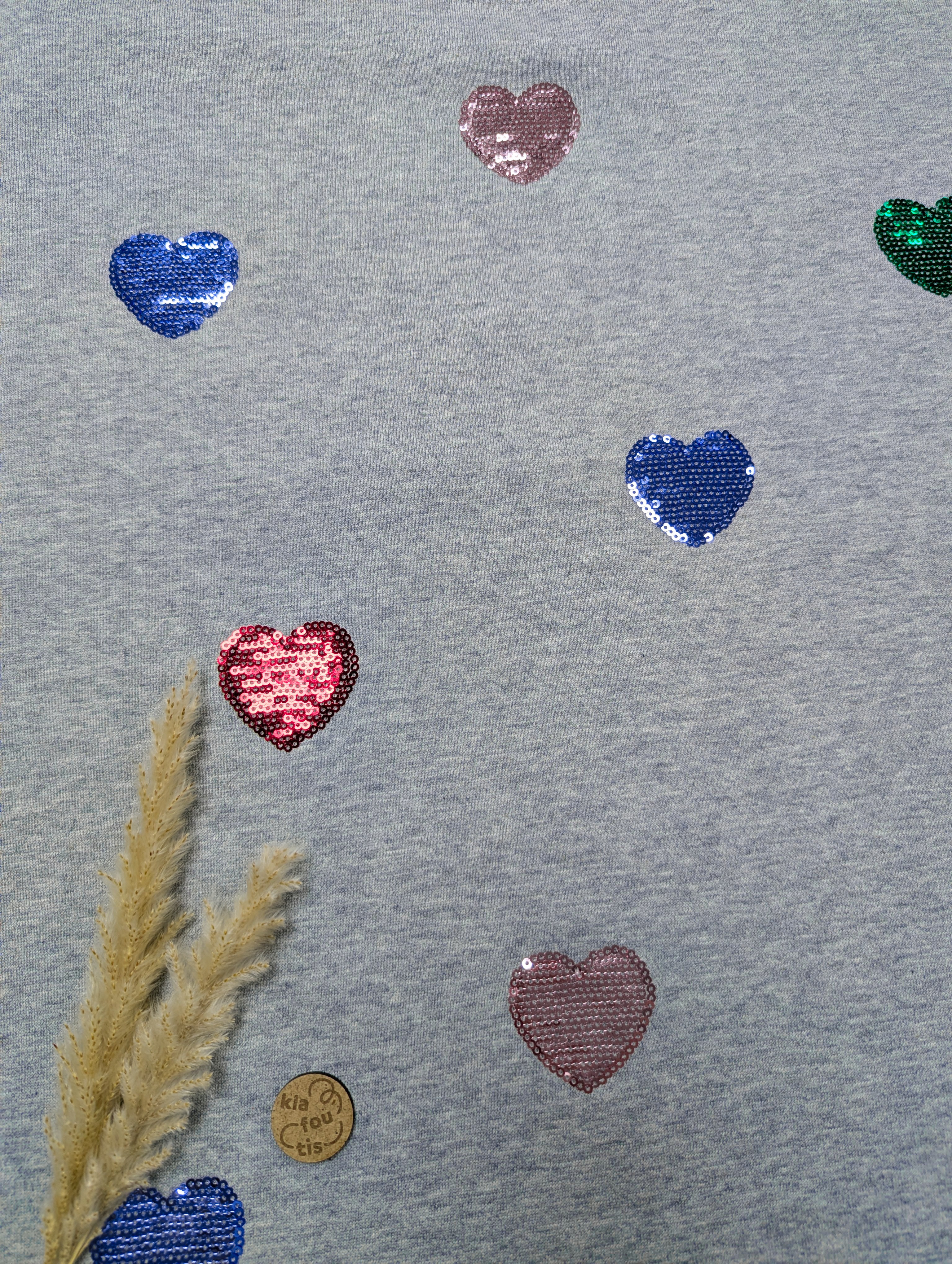 French Terry gris chiné - coeurs sequins