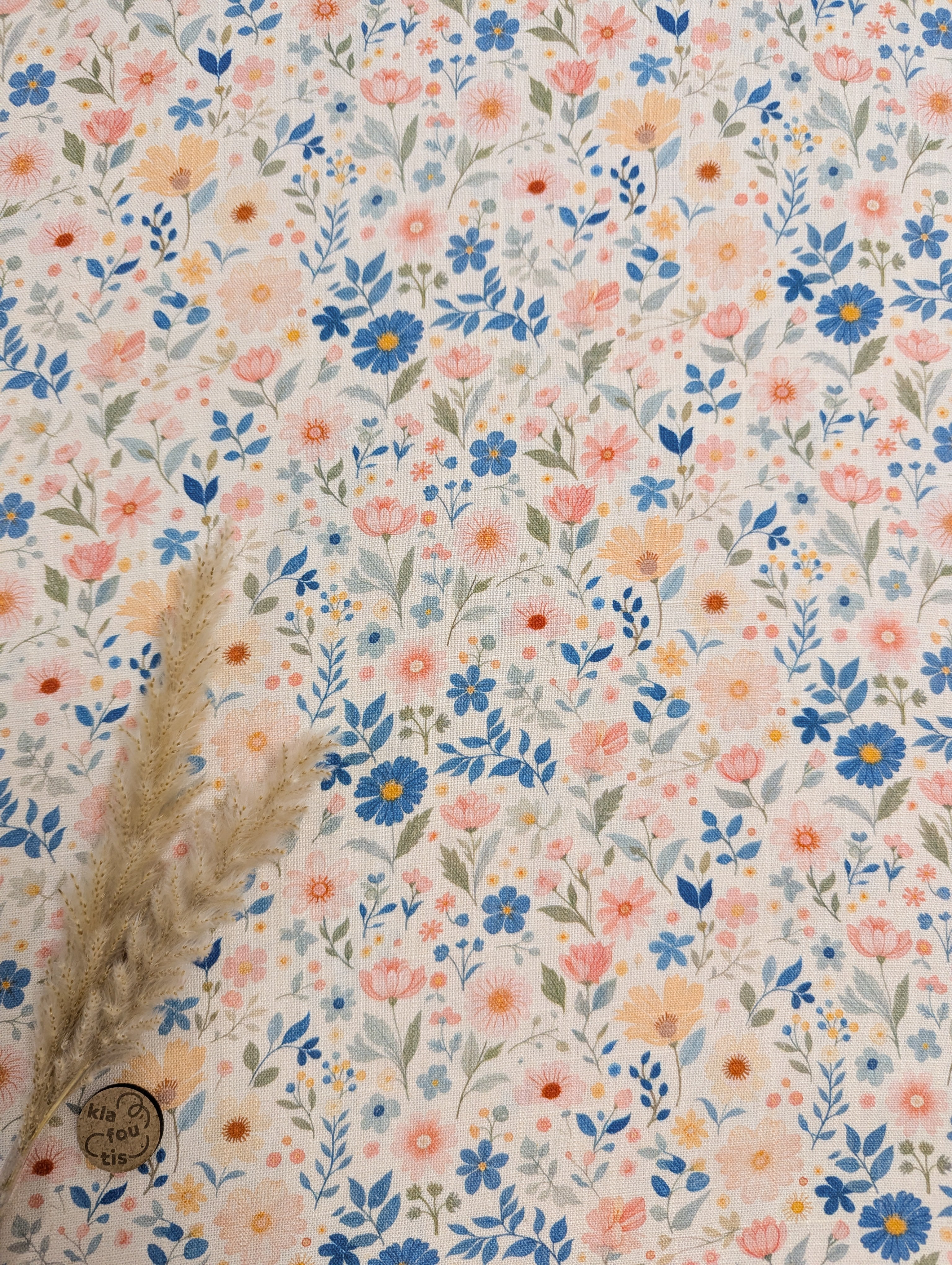 Lin viscose écru - douce floraison bleutée