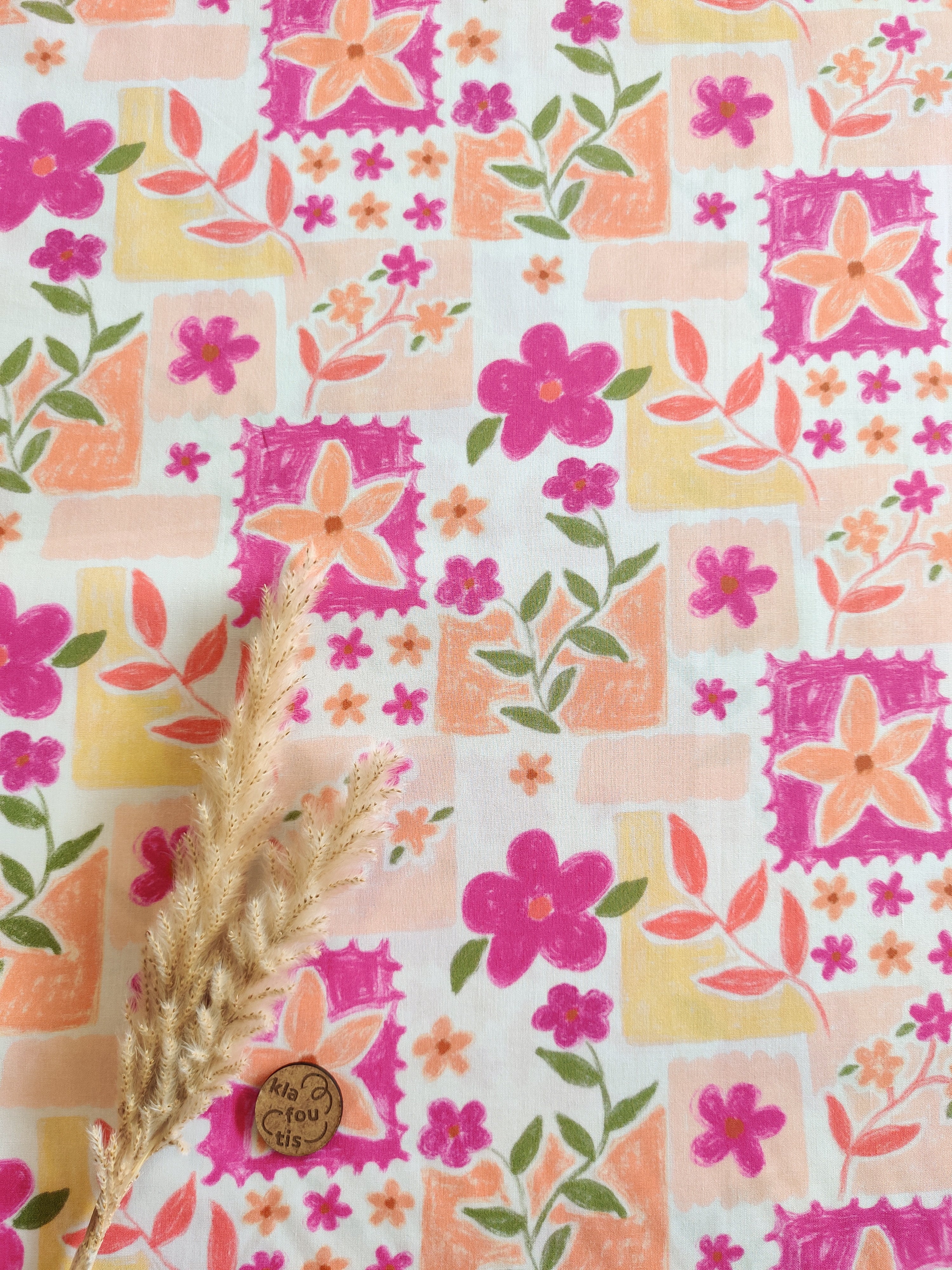 Popeline de coton écrue - Carnet fleuri