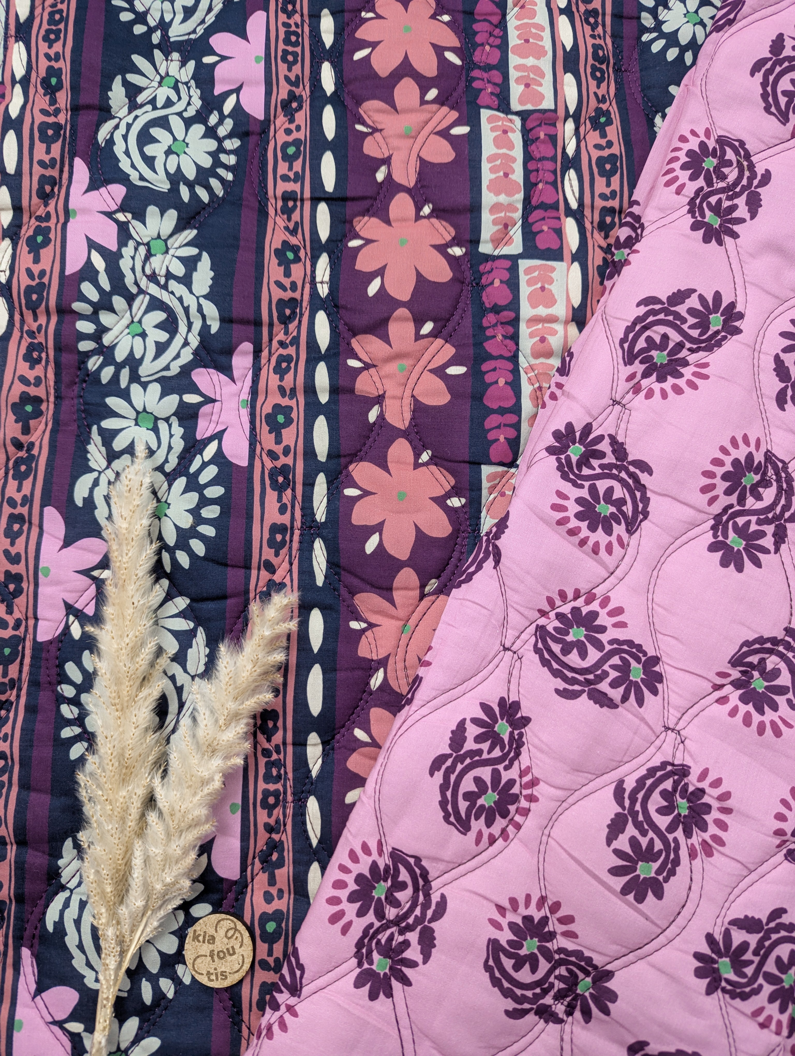 Coton matelassé double face - rose et aubergine