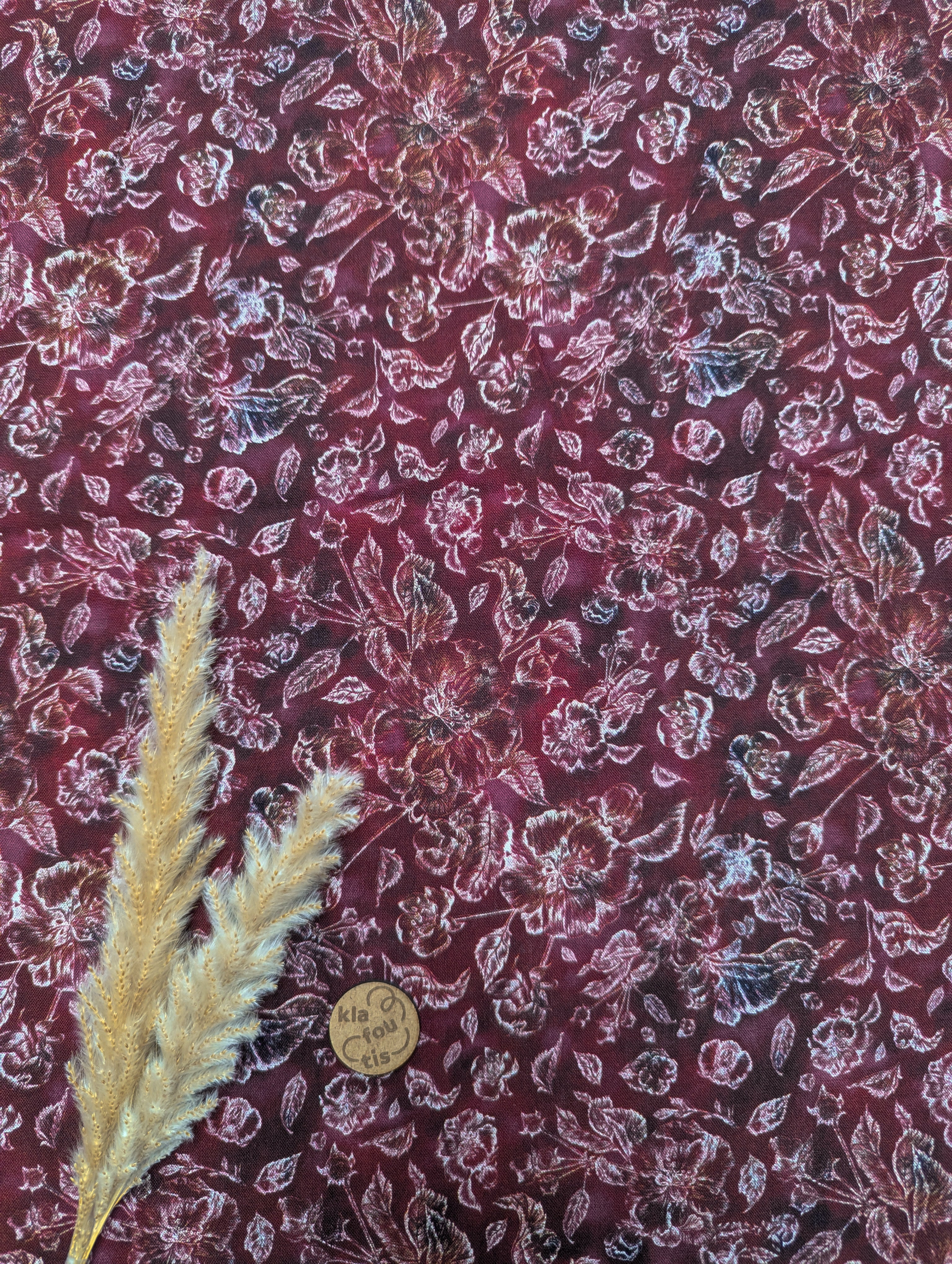 Popeline de viscose rouge foncé - croquis floral