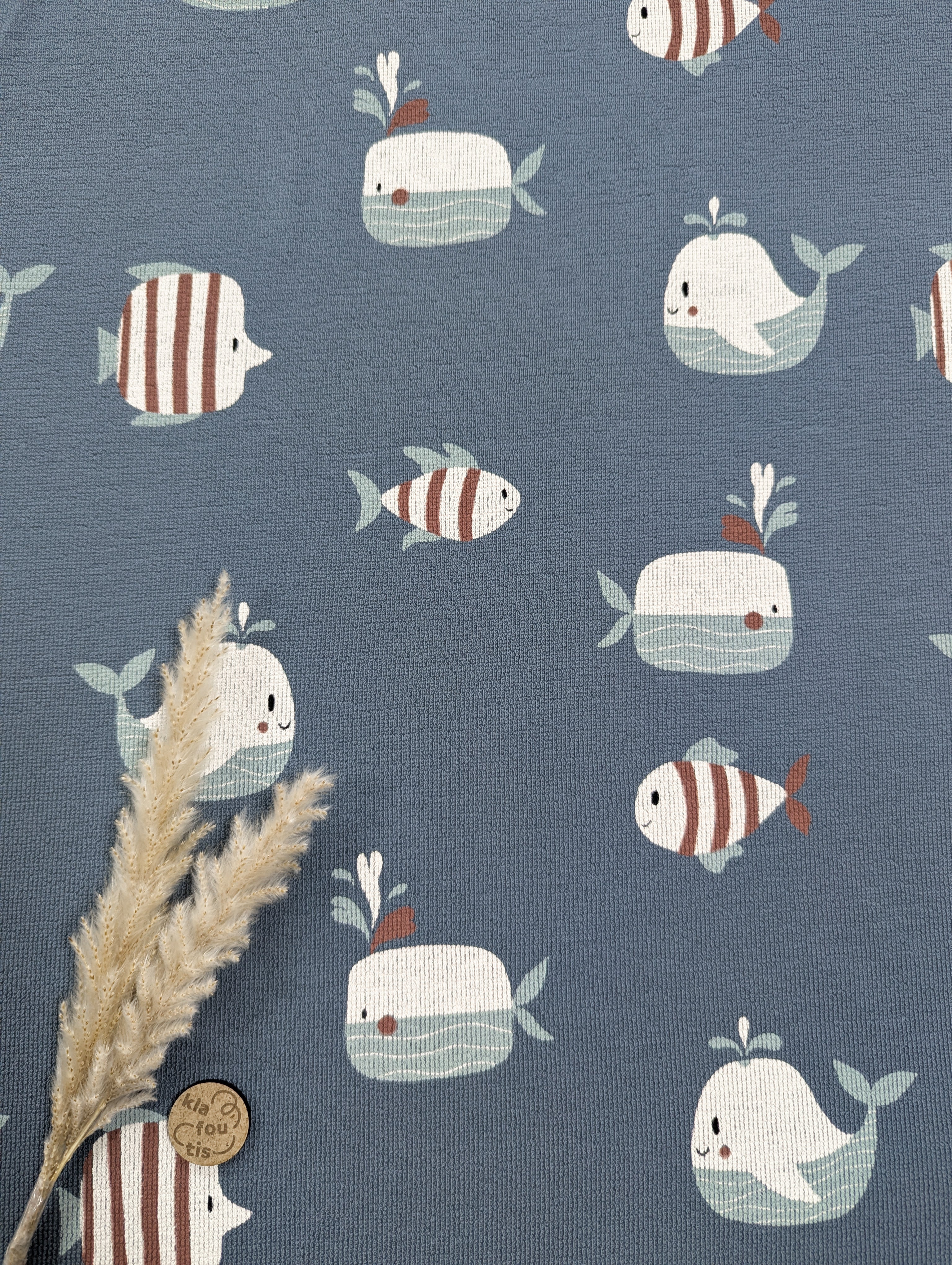 French Terry crêpe bleu jeans - fonds marins