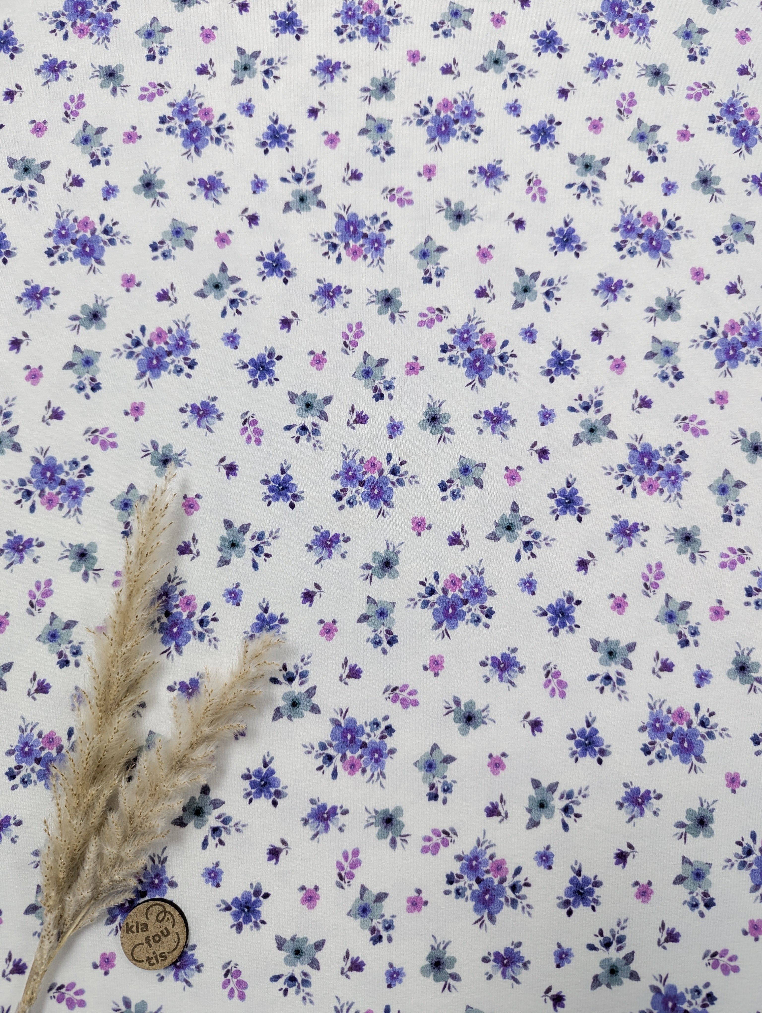 Jersey de coton blanc - Bouquets violines