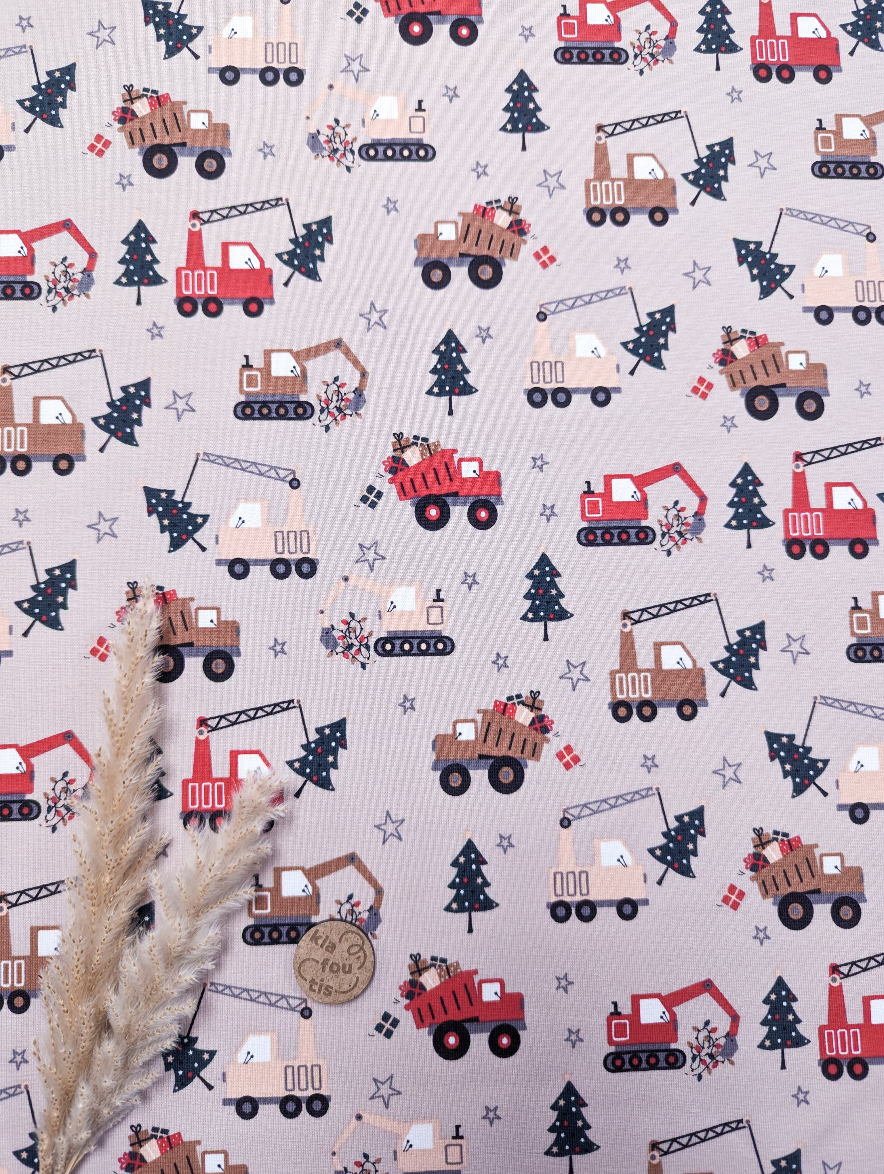 Jersey de coton beige - camions de Noël
