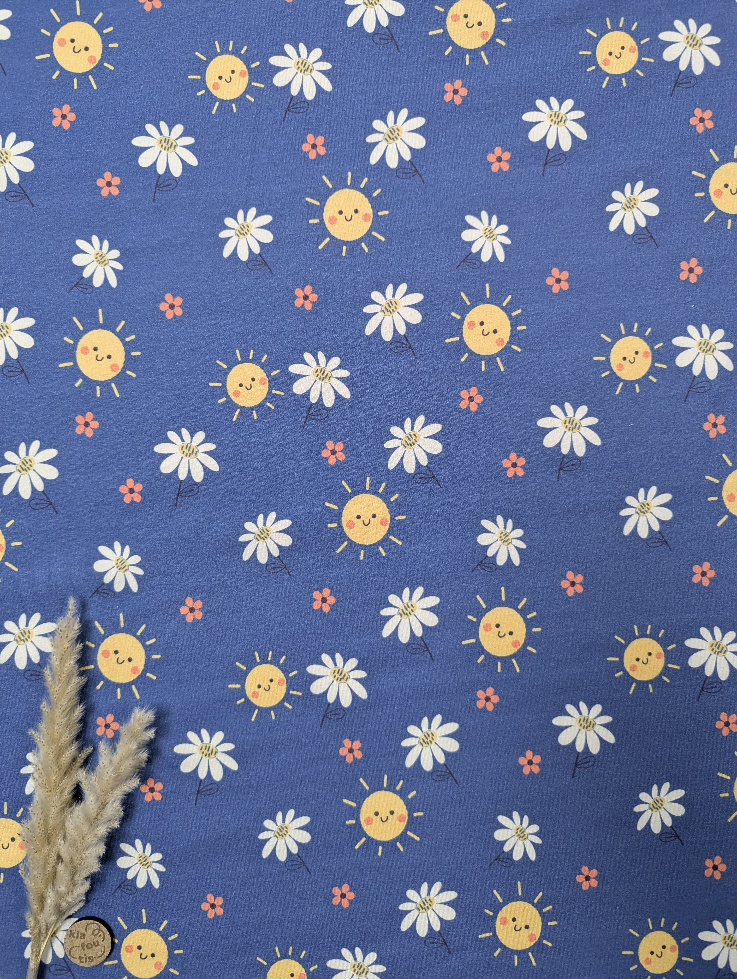 Jersey de coton bleu jeans - fleurs ensoleillées