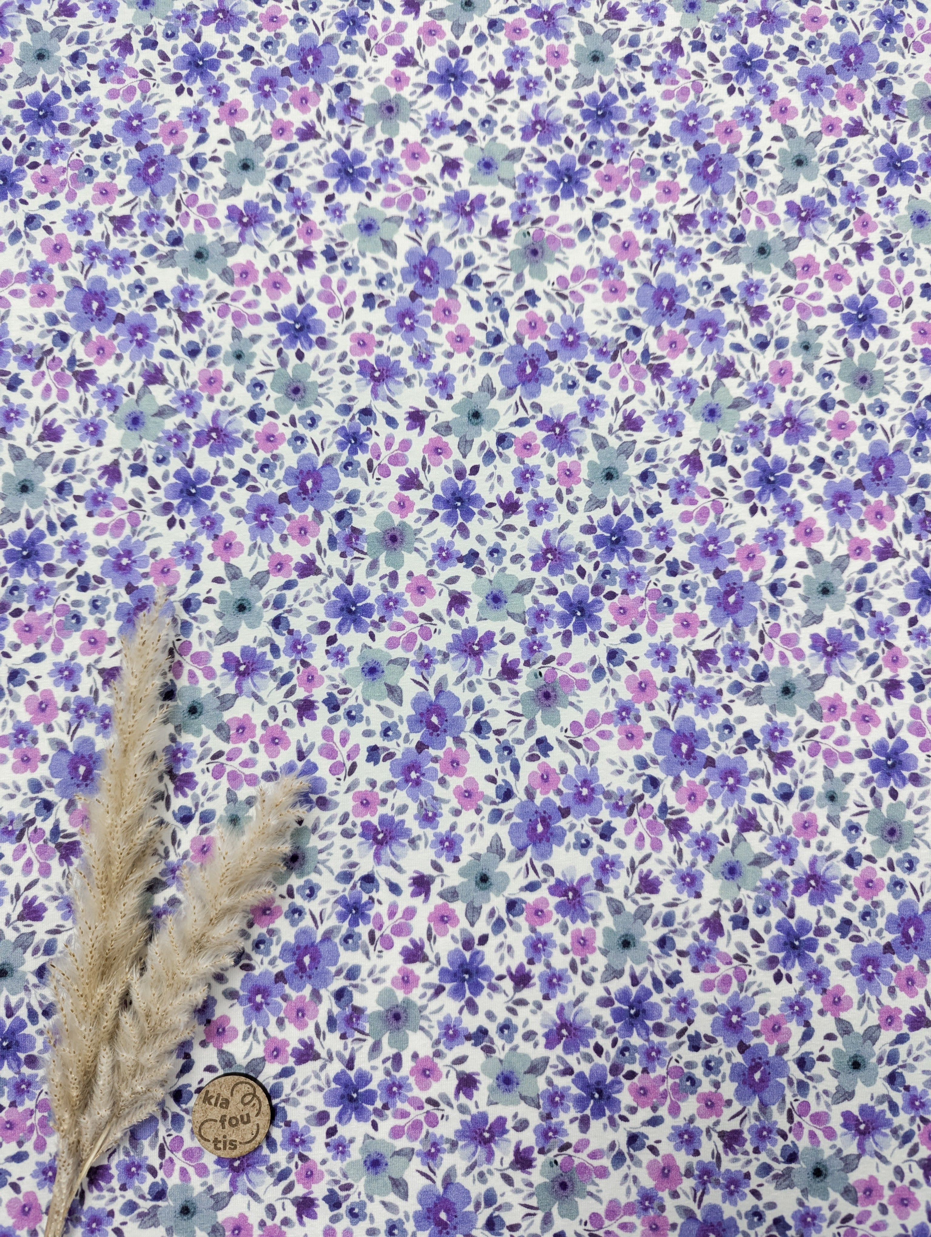 Jersey de coton blanc - Floraison Violine