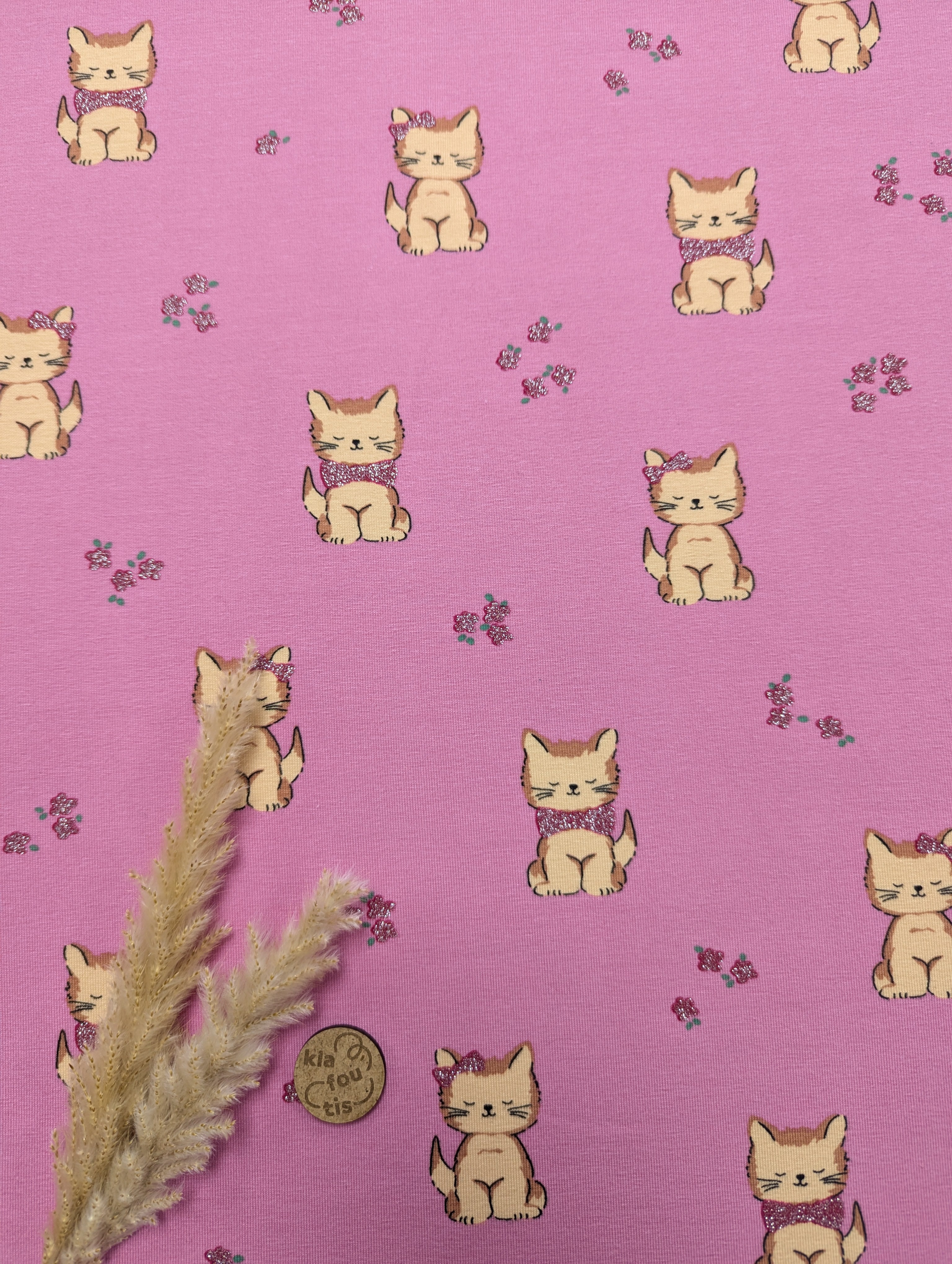 Jersey de coton rose à paillettes - chatons mignons