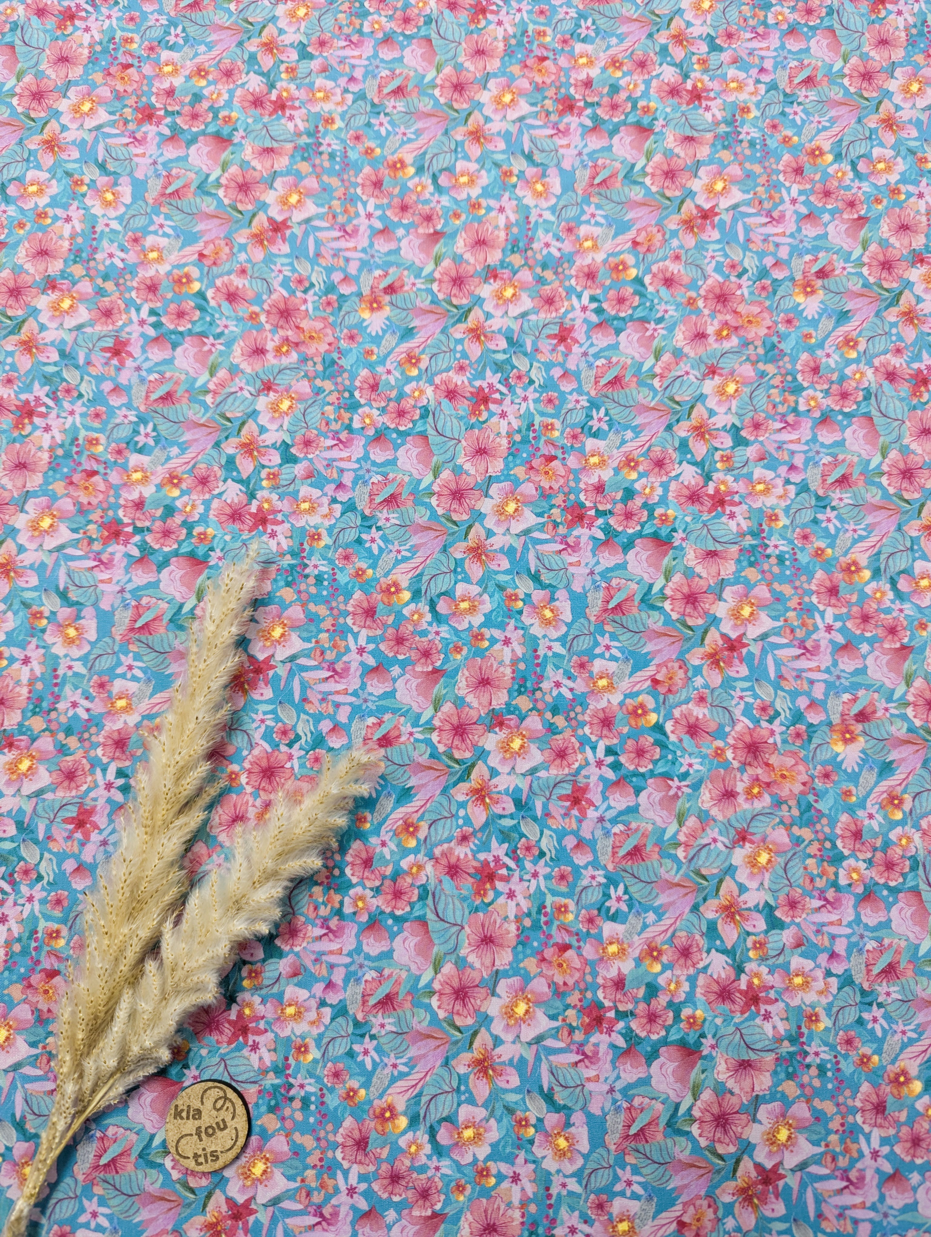 Popeline de coton turquoise - petit fleuri rose