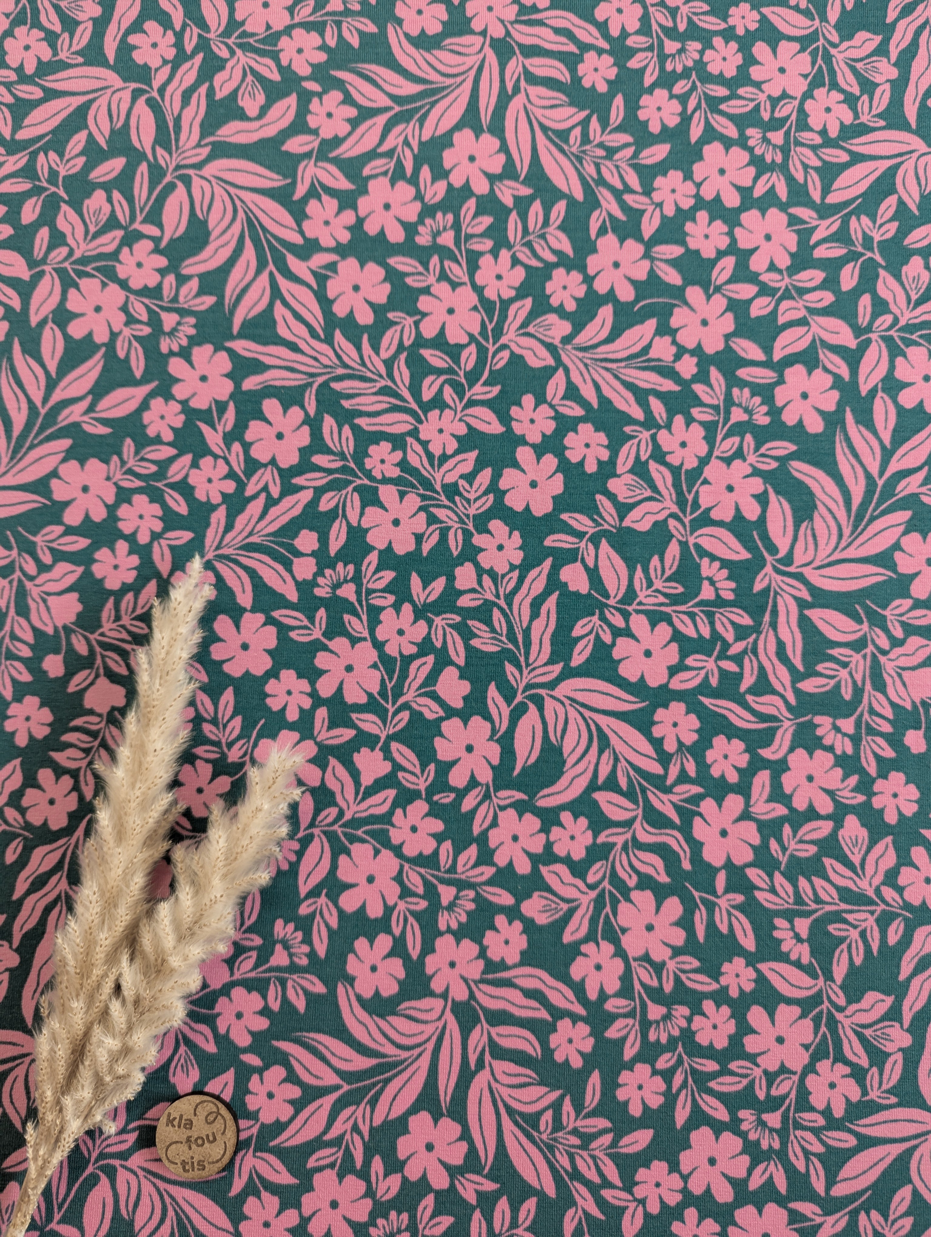 Jersey de coton pétrole et rose - tapis fleuri