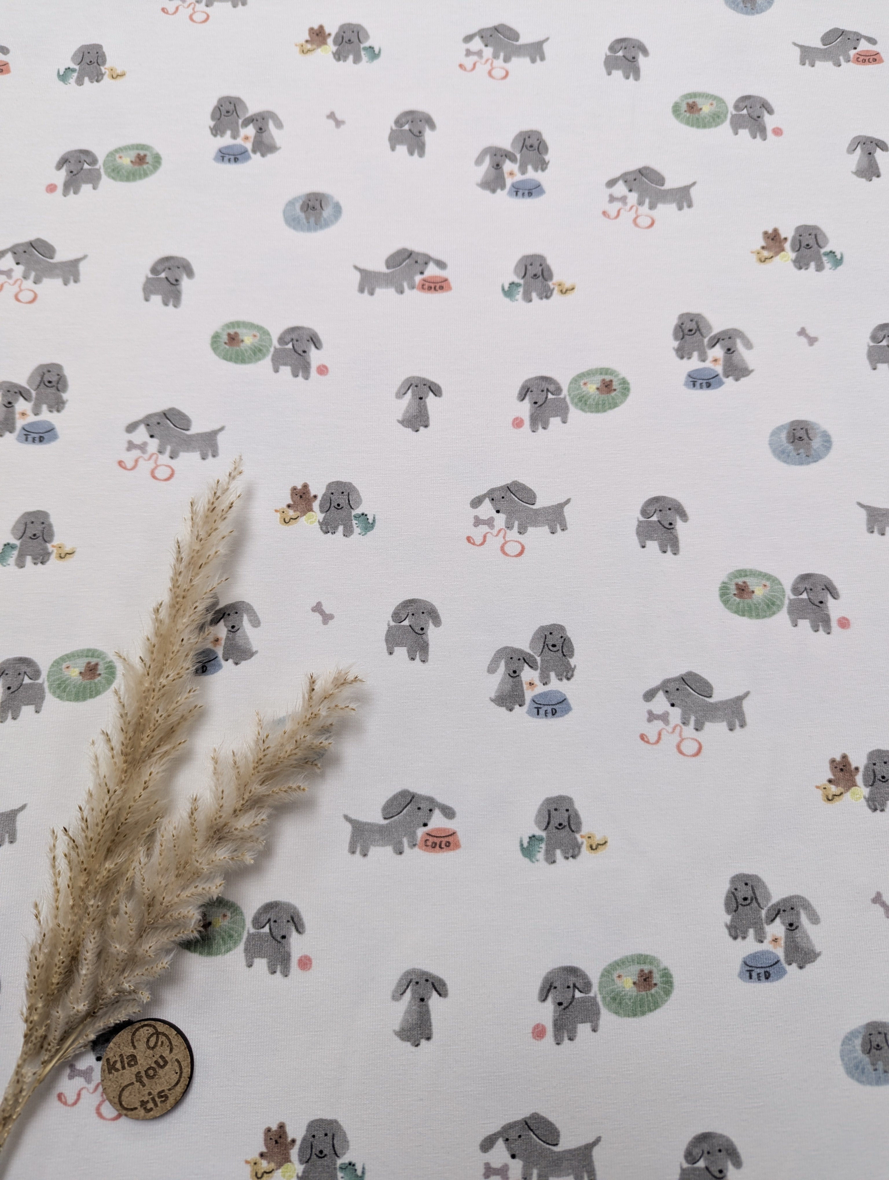 Jersey de coton écru - chiots en folie