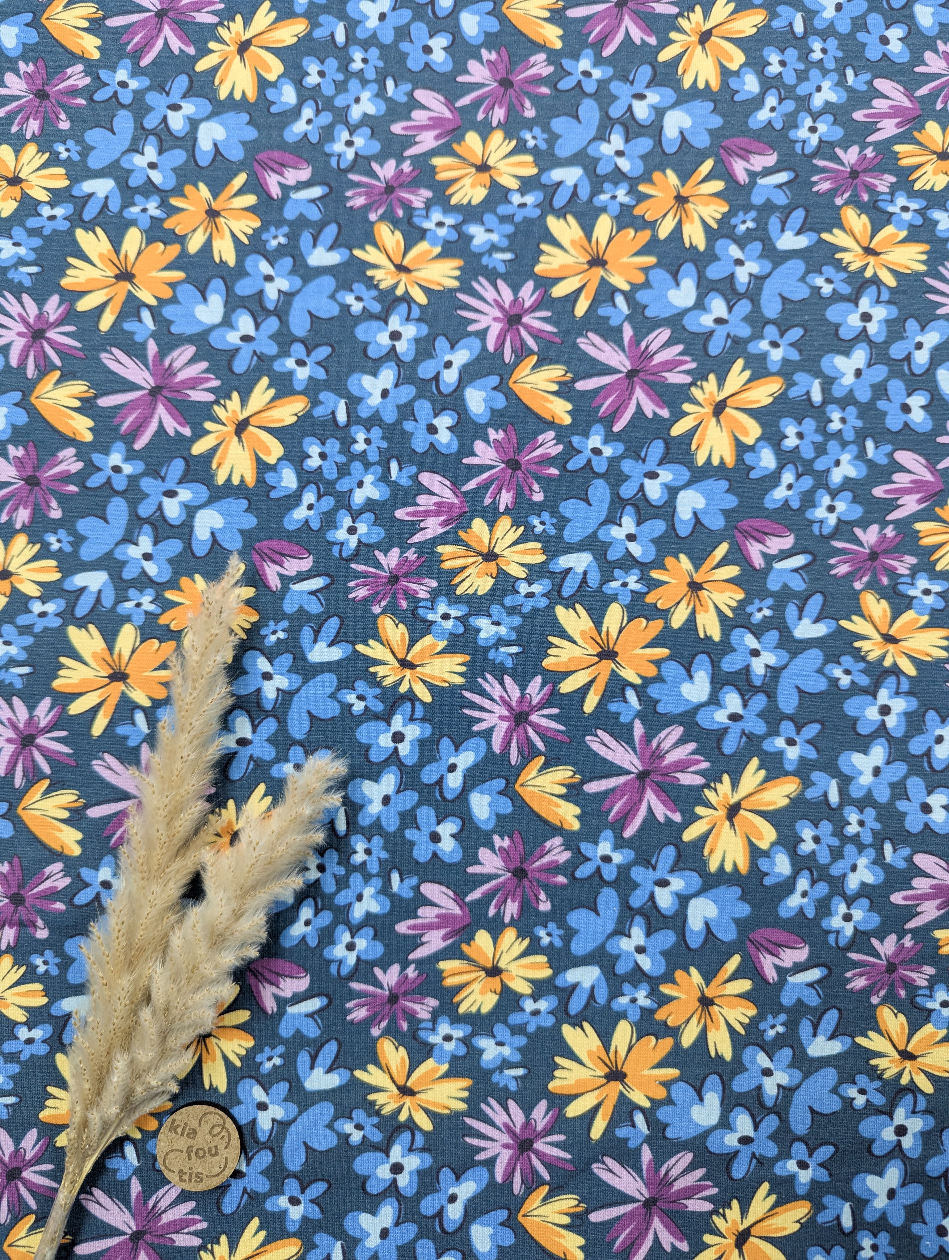 Jersey de coton bleu jeans - fleurs superbes