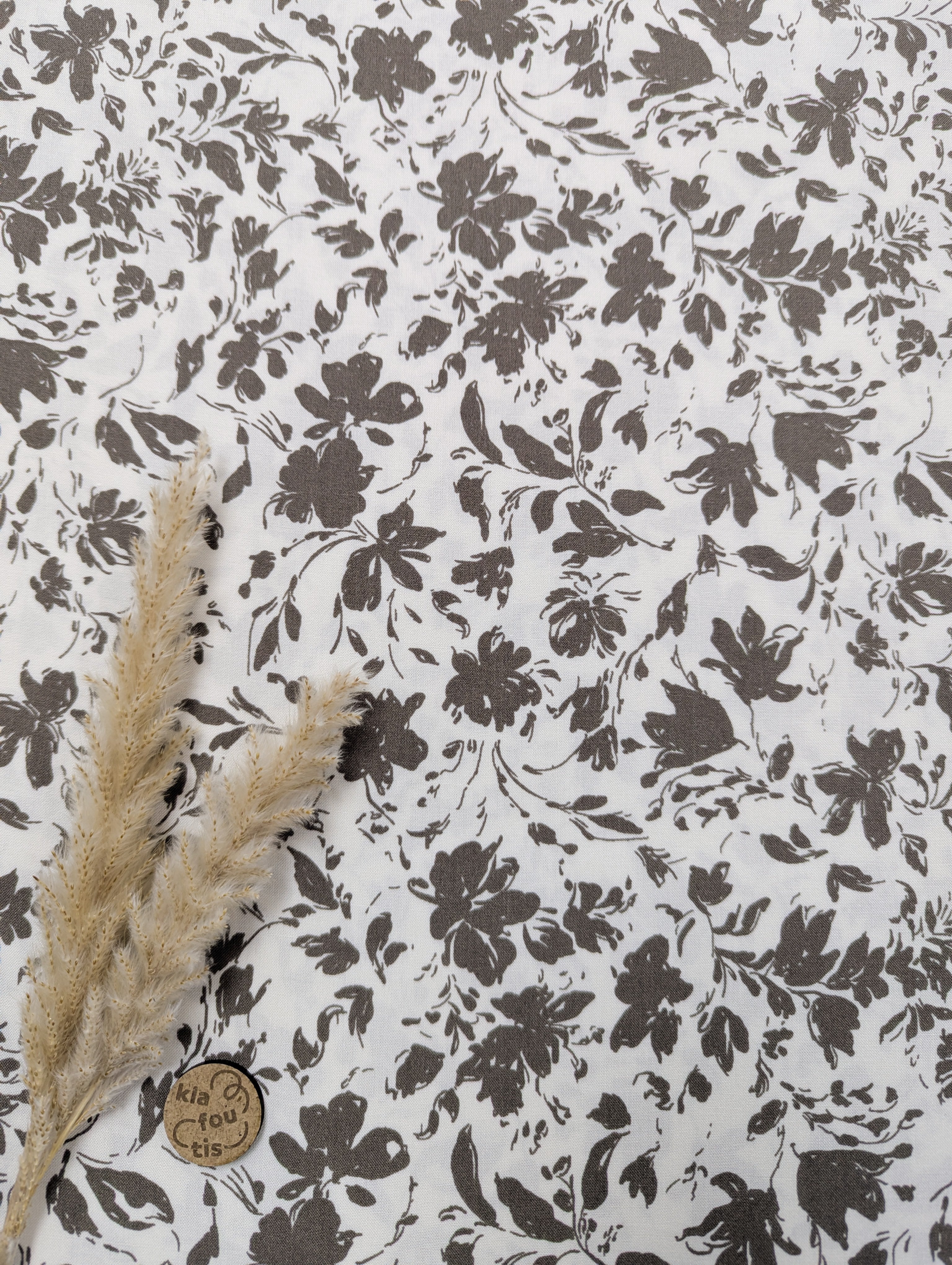 Popeline de bambou écru et taupe - joyeuses fleurs