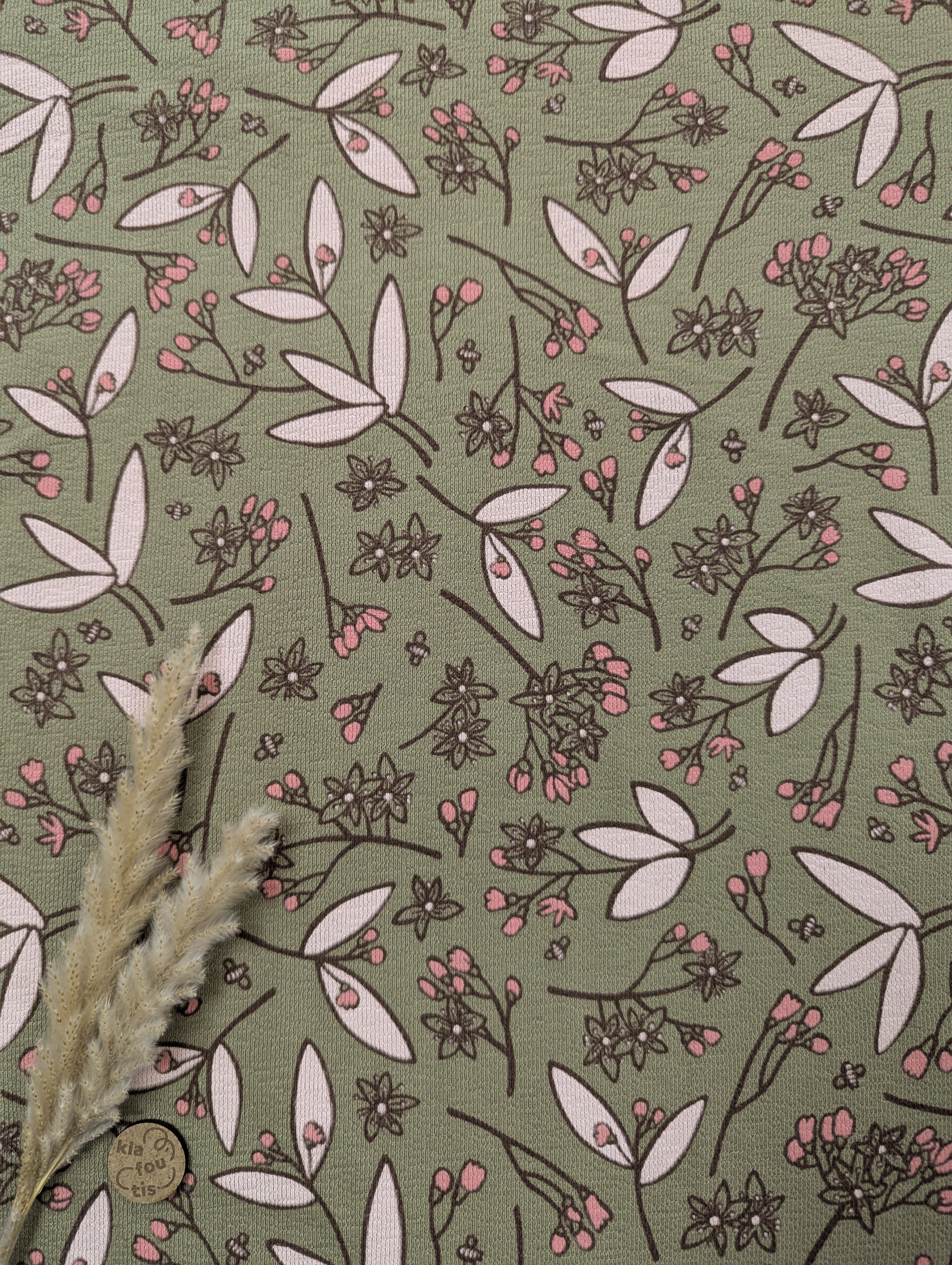 French Terry crêpe vert kaki - fleurs d