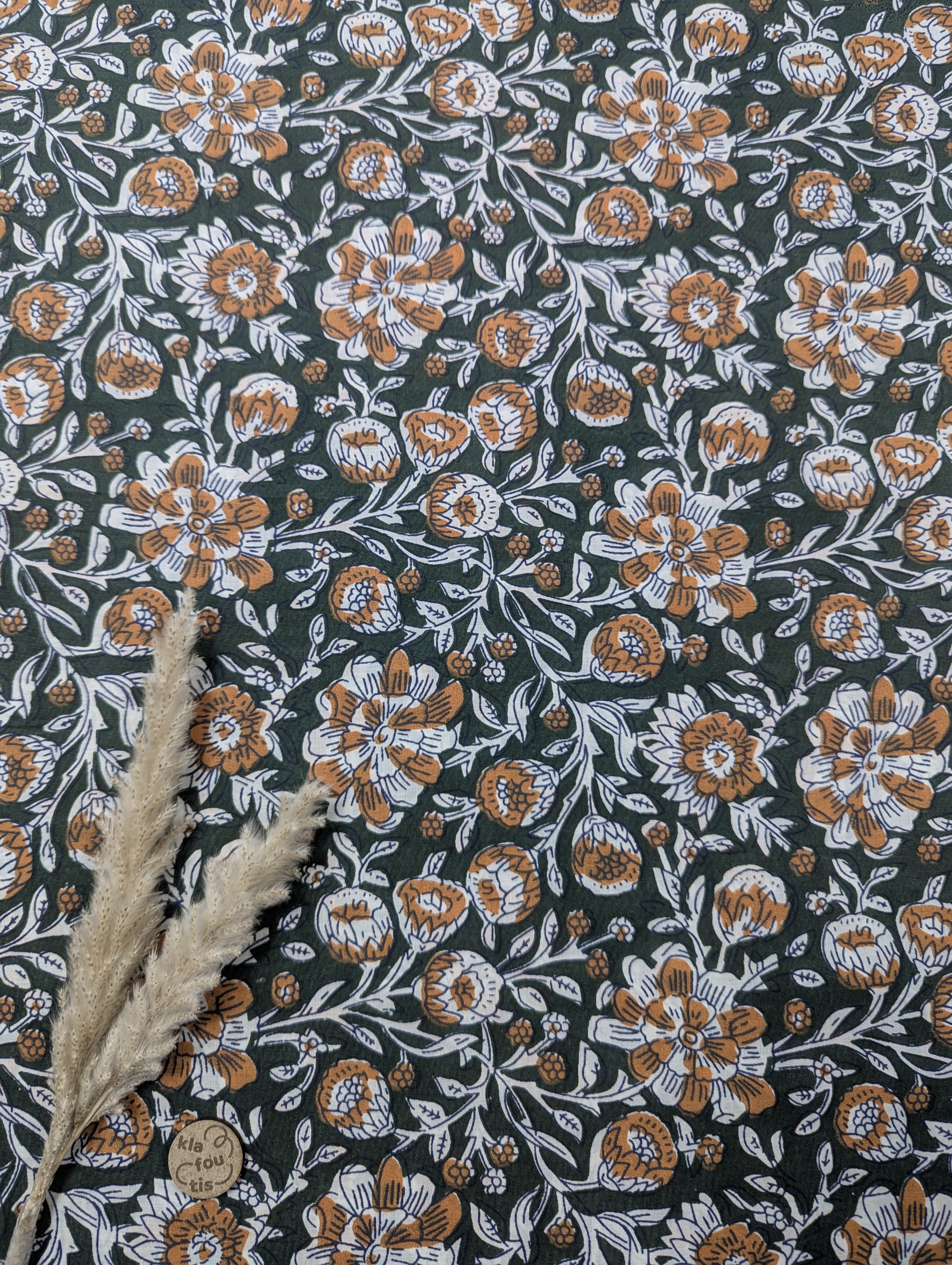 Popeline de coton faite à la main vert kaki - bohème