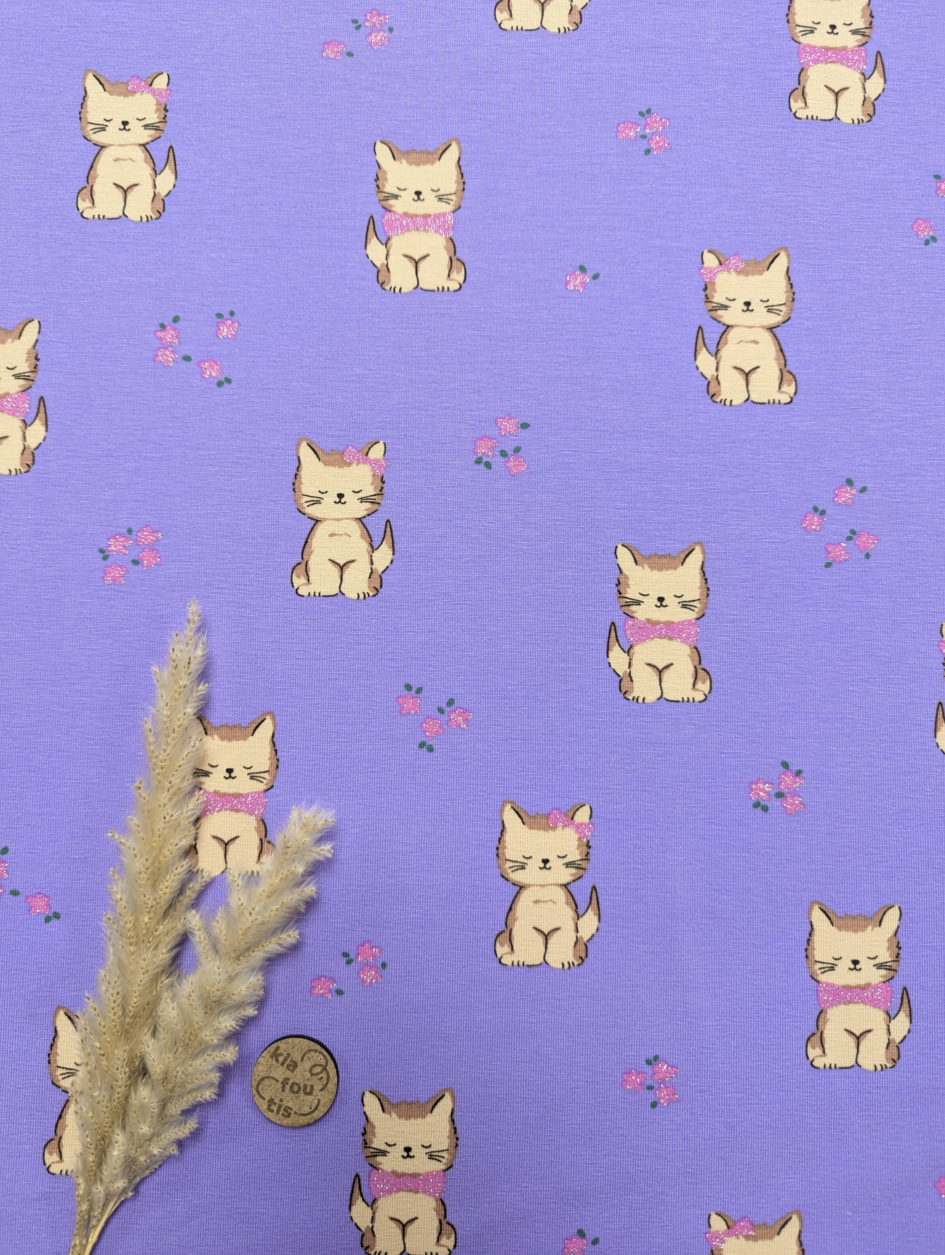 Jersey de coton lilas à paillettes - chatons mignons