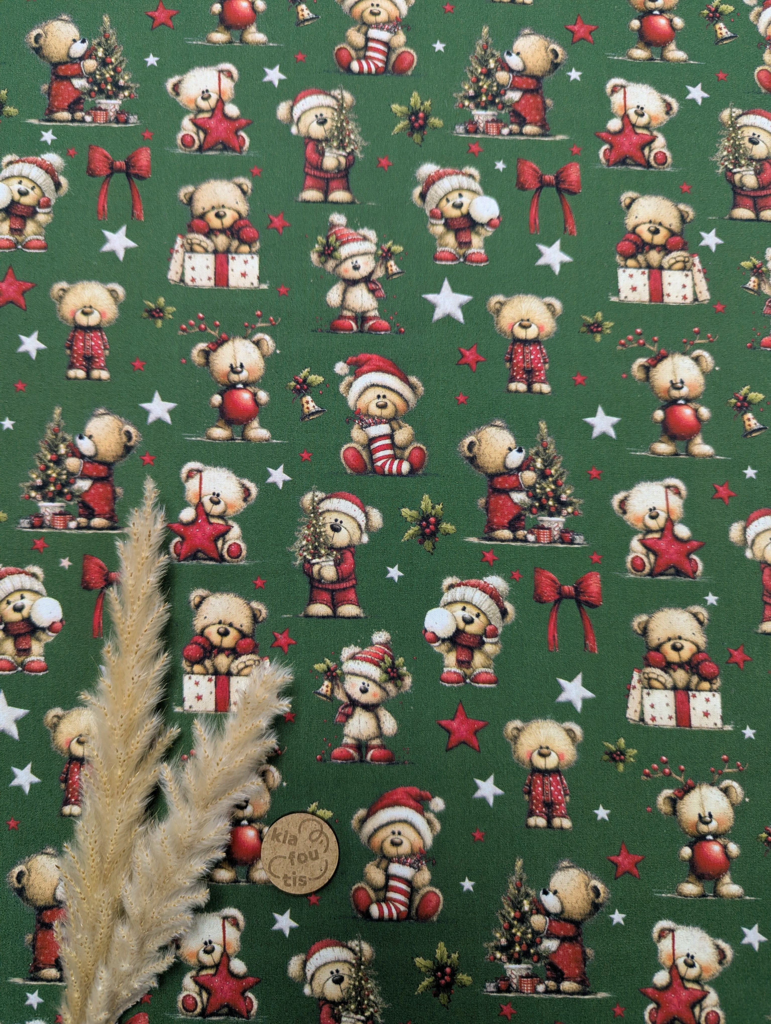 Popeline de coton verte - Noël en rouge