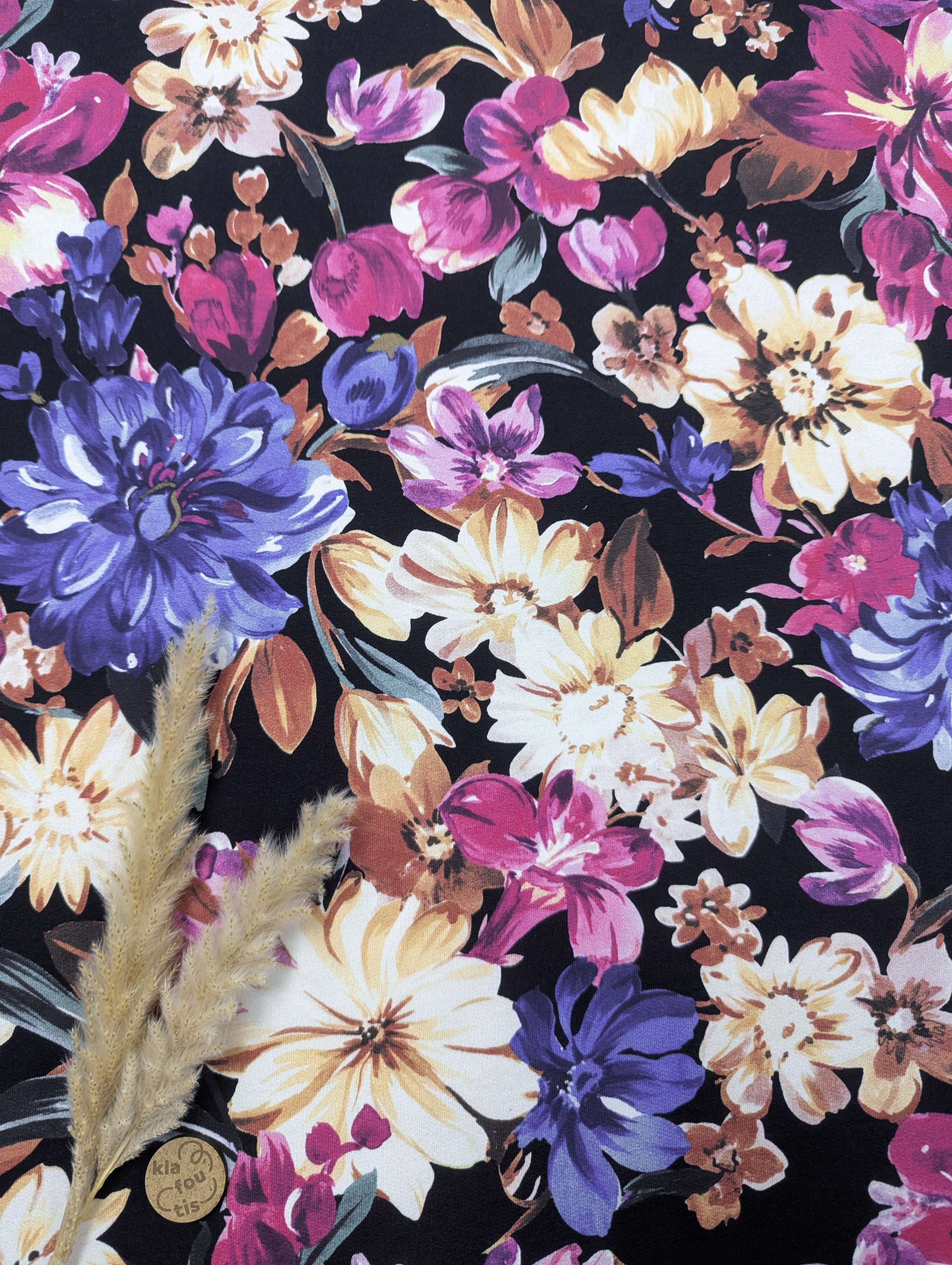 French Terry noir - Floraison multicolore